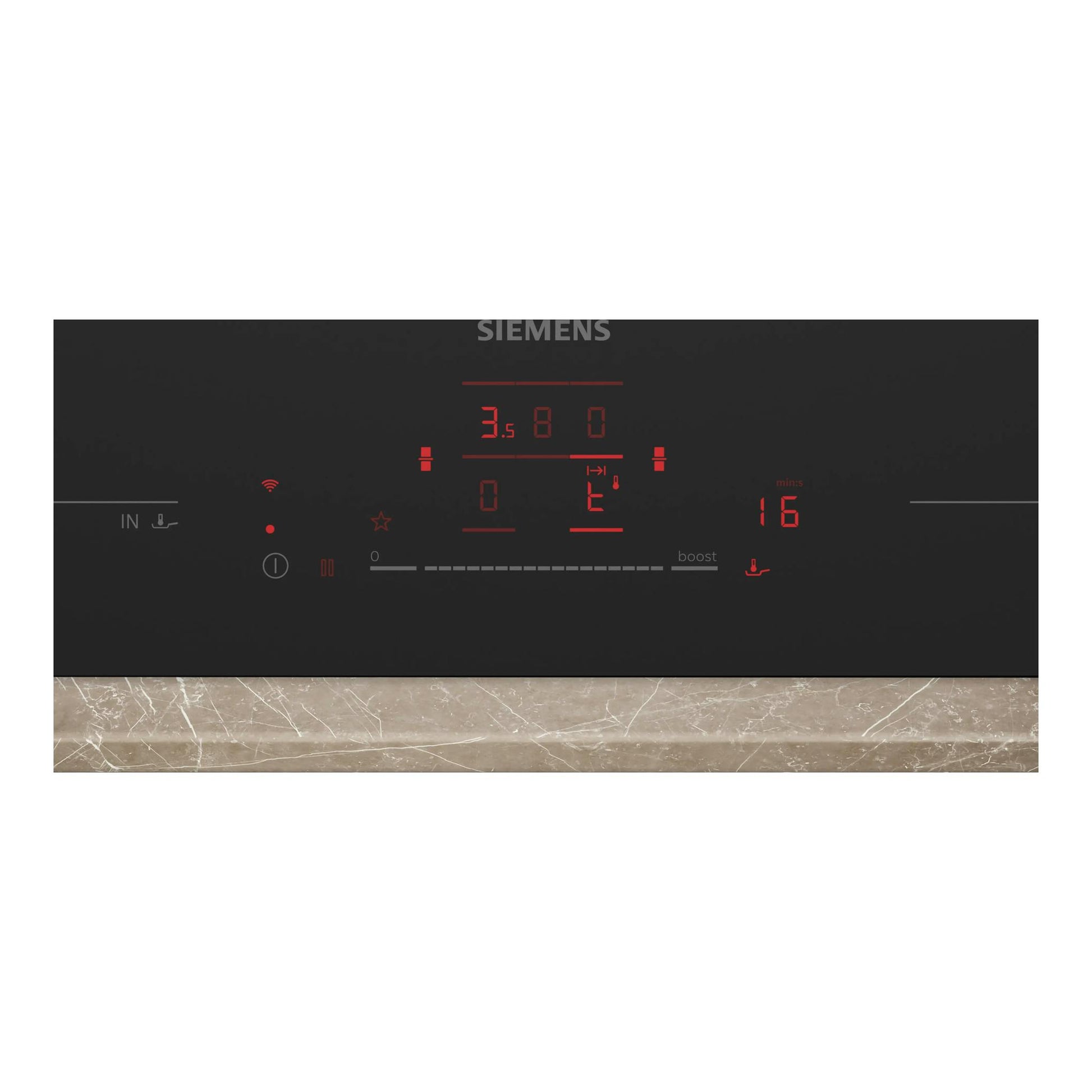 Placa de inducción Siemens EX81AHL26E negra, vista frontal del panel táctil con luces rojas.