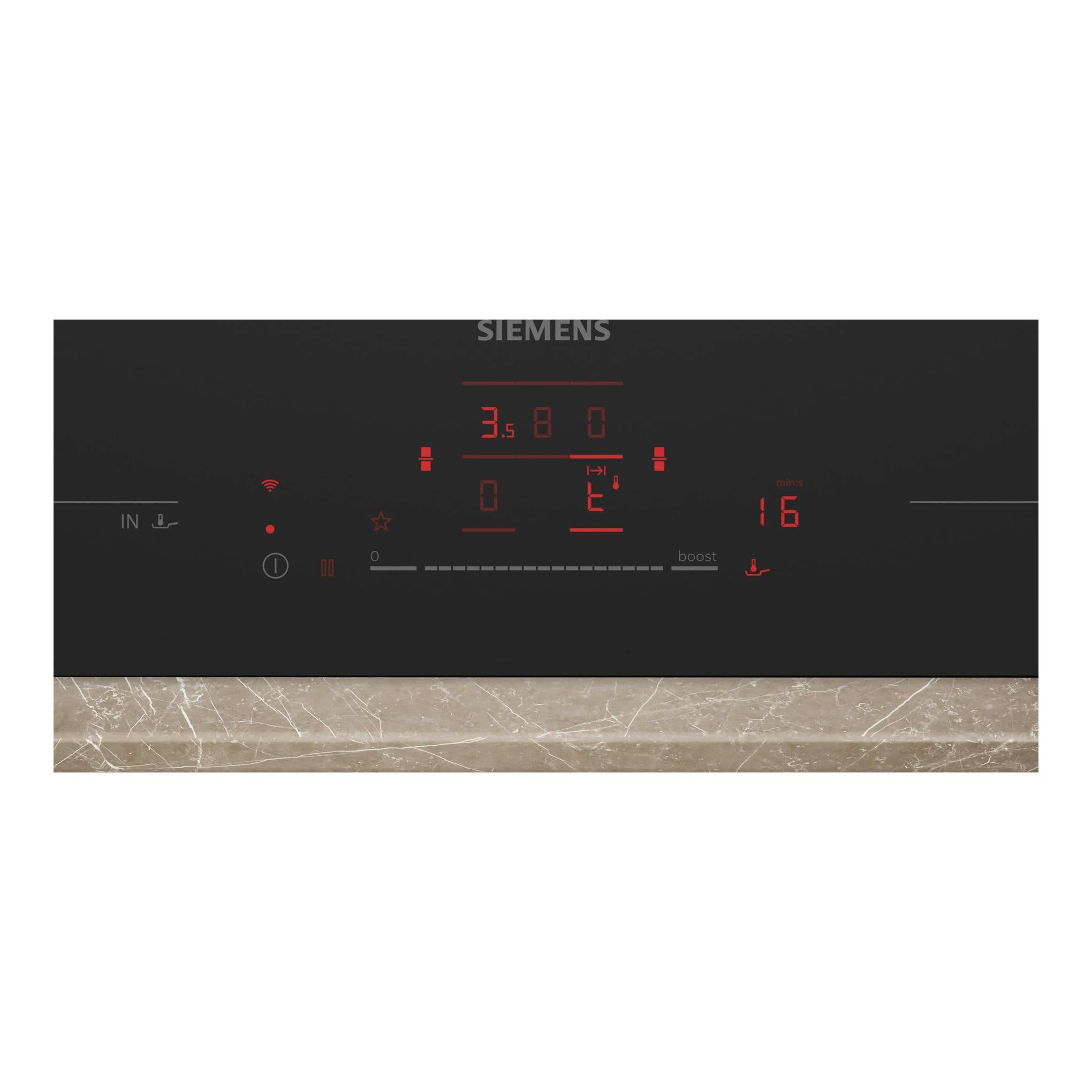 Placa de inducción Siemens EX81AHL26E negra, vista frontal del panel táctil con luces rojas.