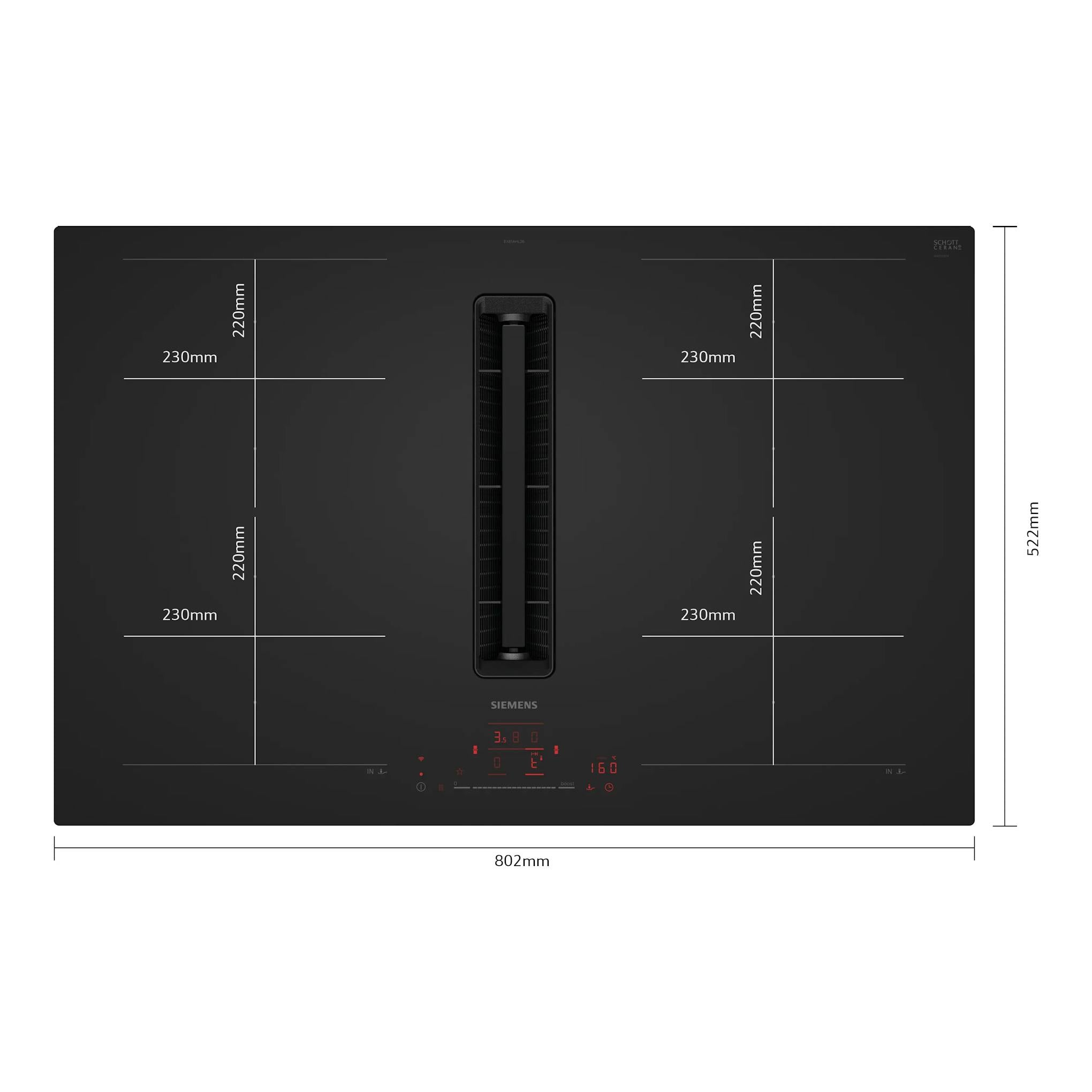 Placa de inducción Siemens EX81AHL26E negra, vista superior, con extractor central integrado y controles táctiles.
