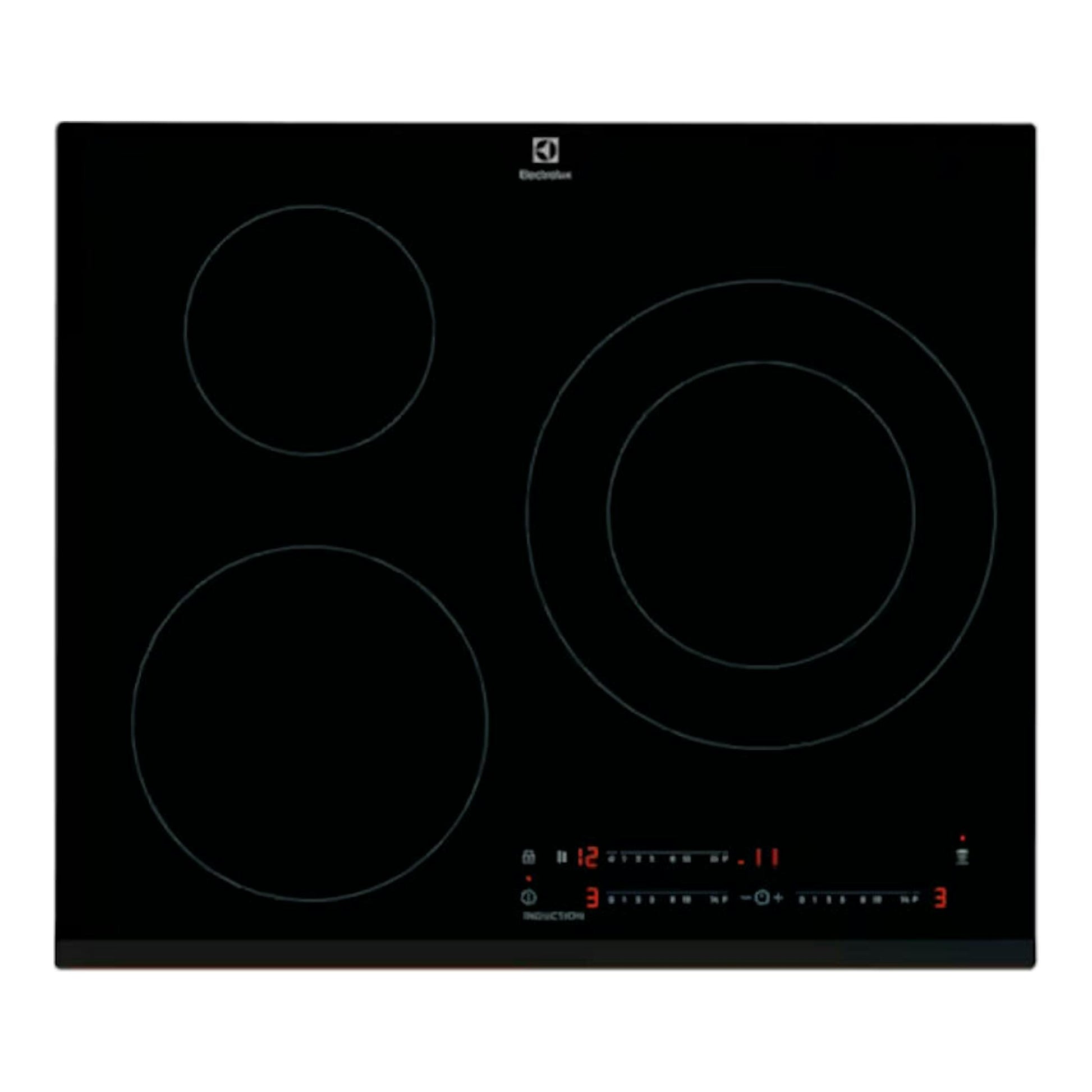 Placa de inducción Electrolux EIT60342 negra, vista superior, con cuatro zonas de cocción.