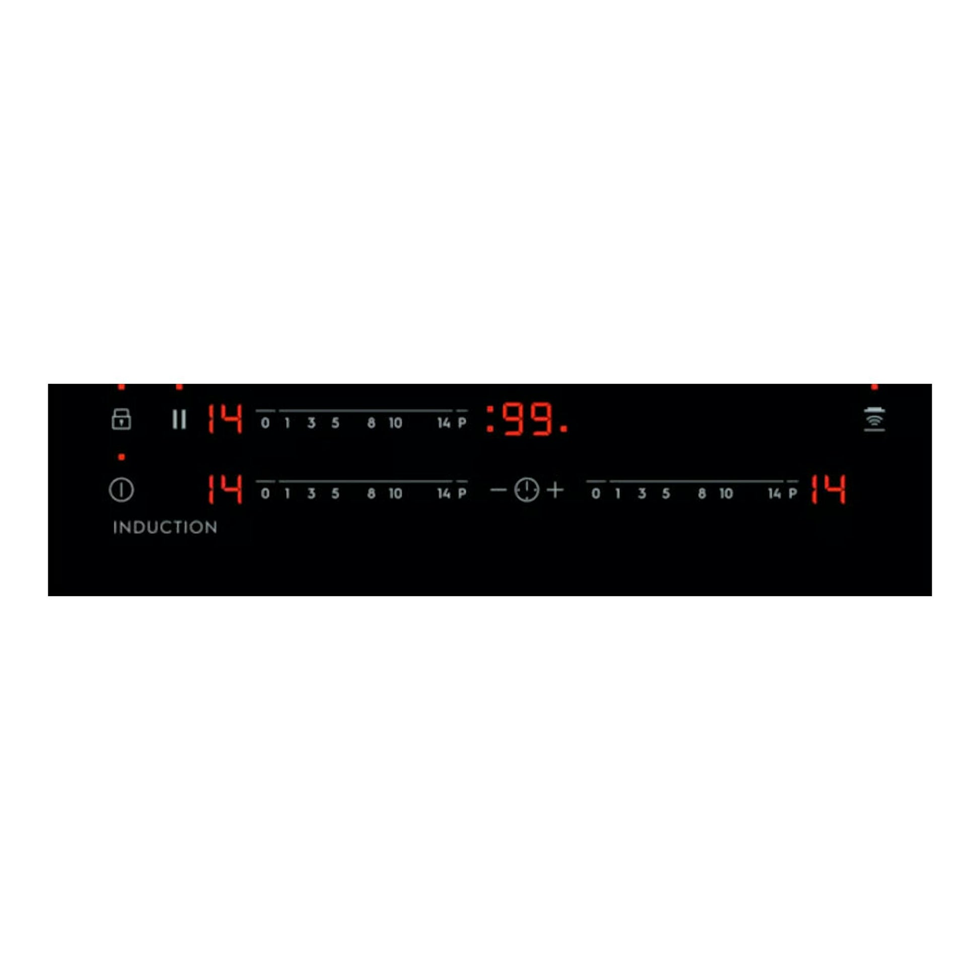 Placa de inducción Electrolux EIT60342 negra, vista frontal del panel táctil con indicadores rojos.