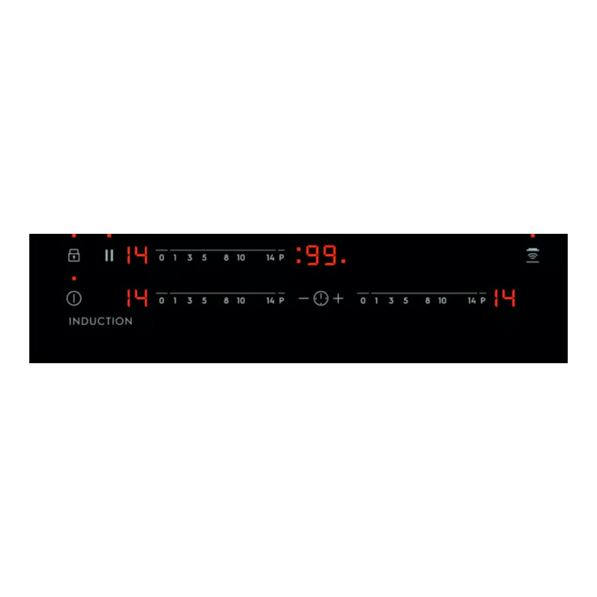 Placa de inducción Electrolux EIT60342 negra, vista frontal del panel táctil con indicadores rojos.