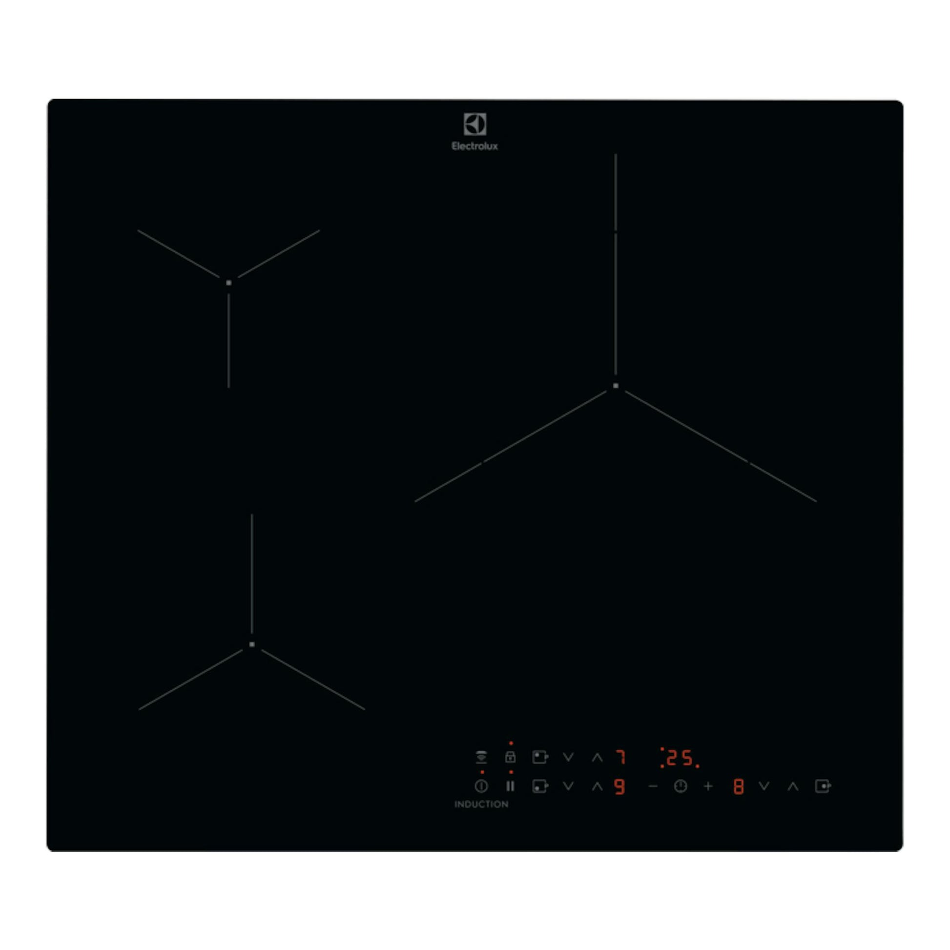 Placa de inducción Electrolux EIT61336CB negra, vista frontal, con 3 zonas y panel táctil iluminado.