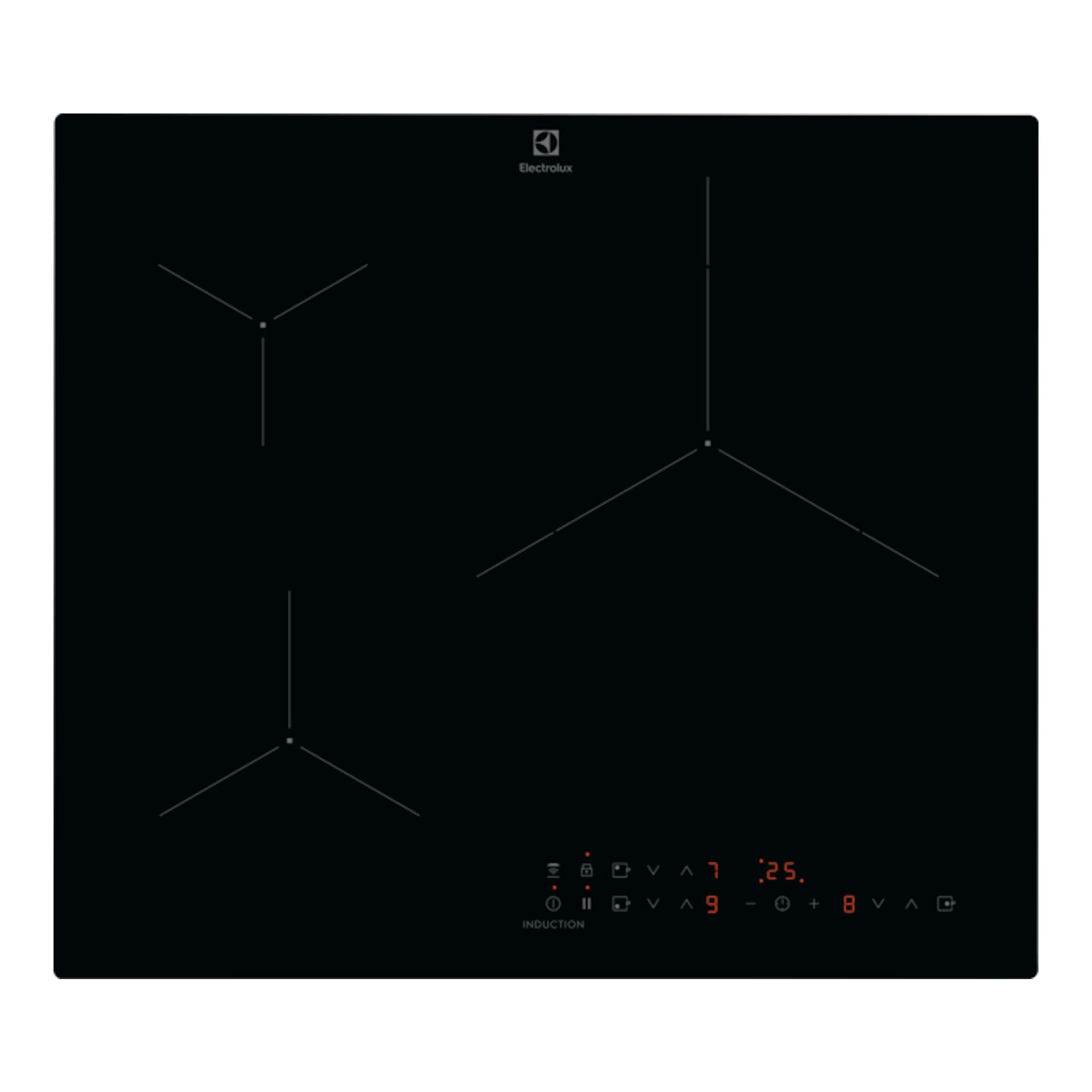 Placa de inducción Electrolux EIT61336CB negra, vista frontal, con 3 zonas y panel táctil iluminado.