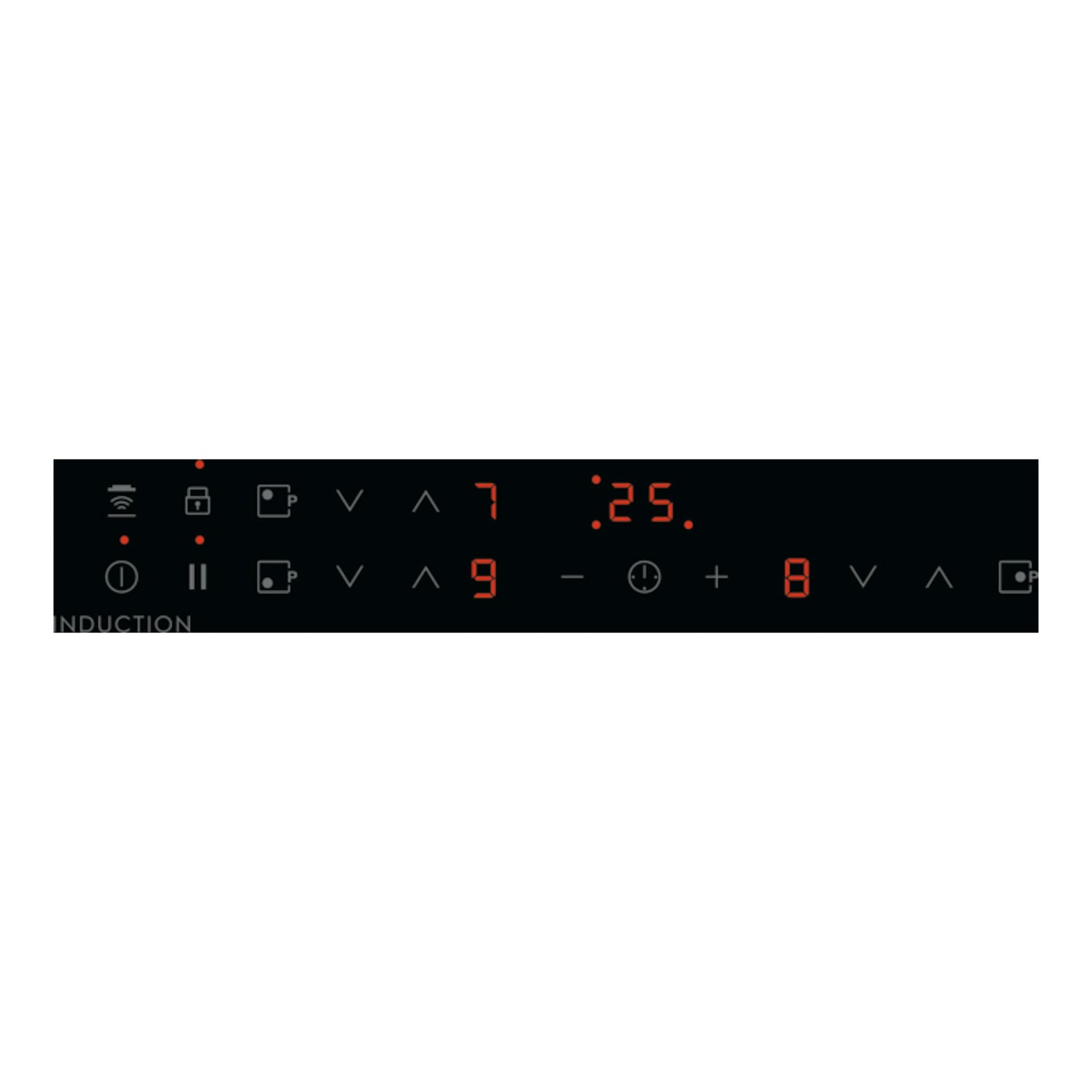 Panel táctil de placa de inducción Electrolux EIT61336CB negra, con dígitos rojos y botones iluminados.