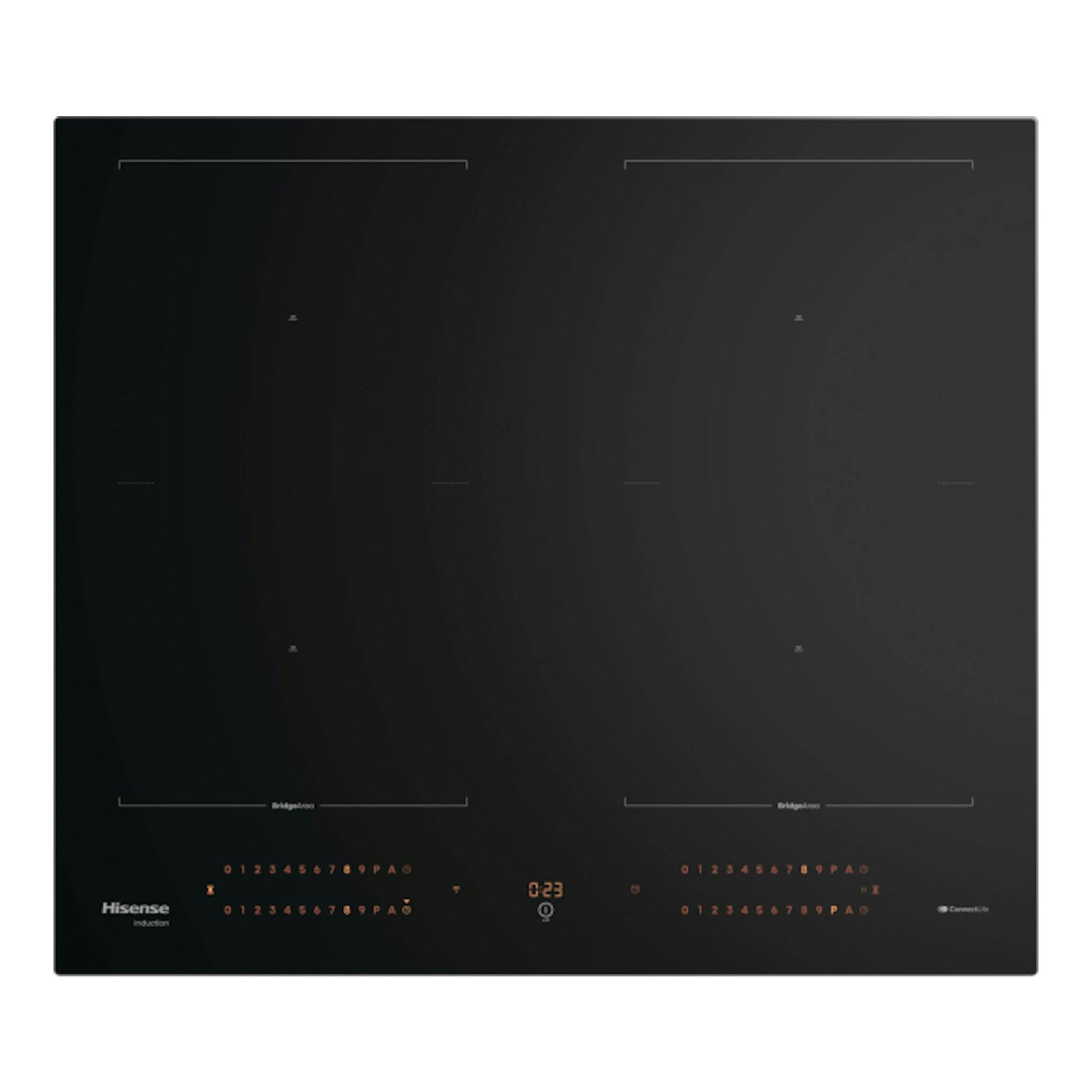 Placa de inducción Hisense HI6443BSCWF negra, vista frontal, con 4 zonas y panel táctil inferior.