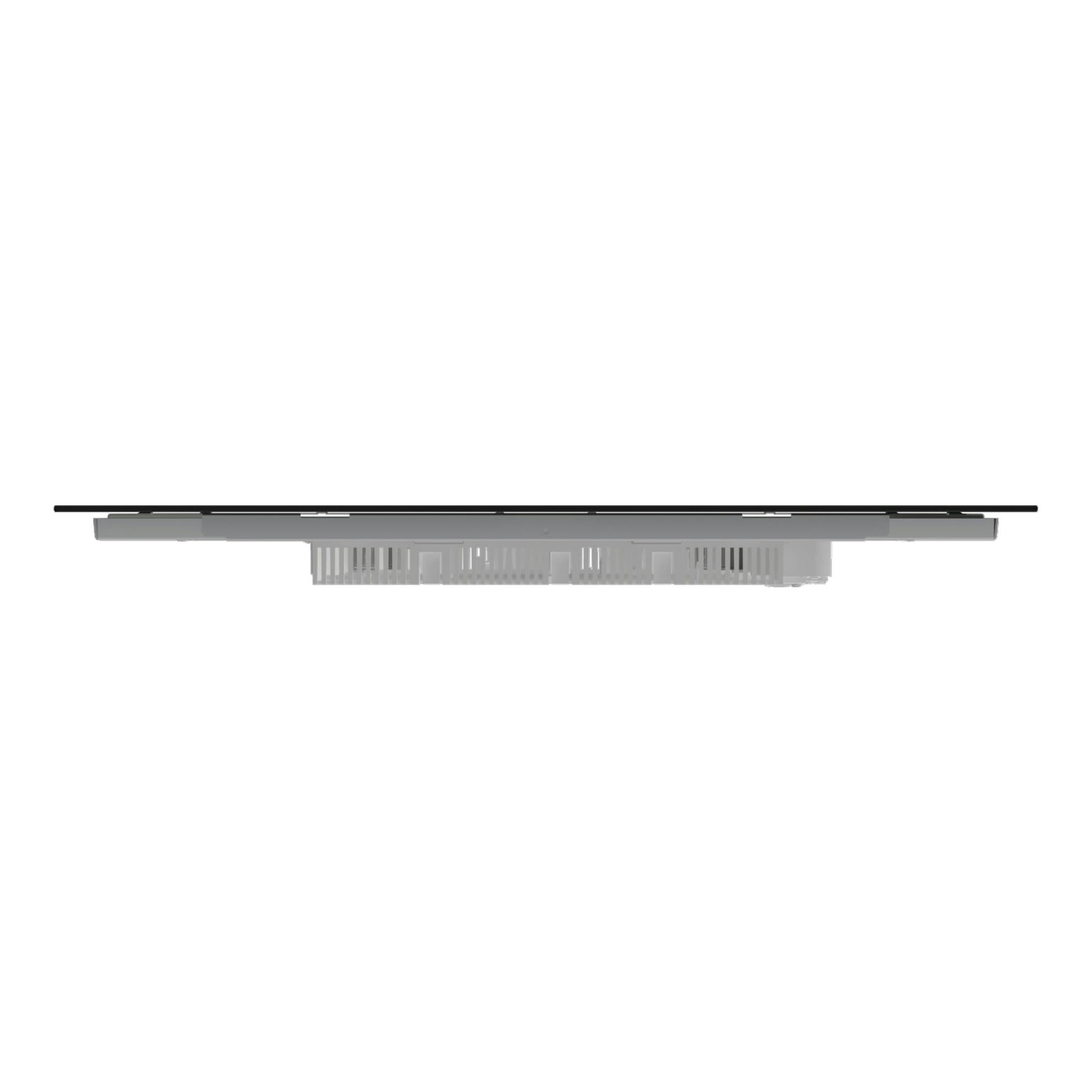 Hisense HI6443BSCWF, placa de inducción negra, vista lateral inferior con la base y ventilación visibles.