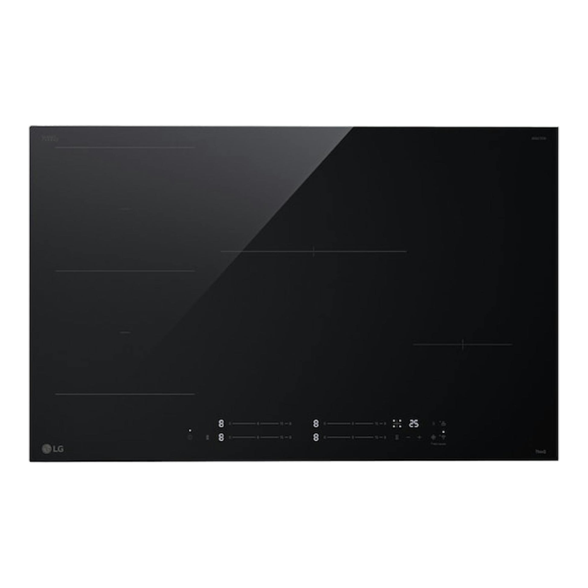 Placa de inducción LG CBIZ3035B negra, vista frontal, con cuatro zonas de cocción y controles táctiles.