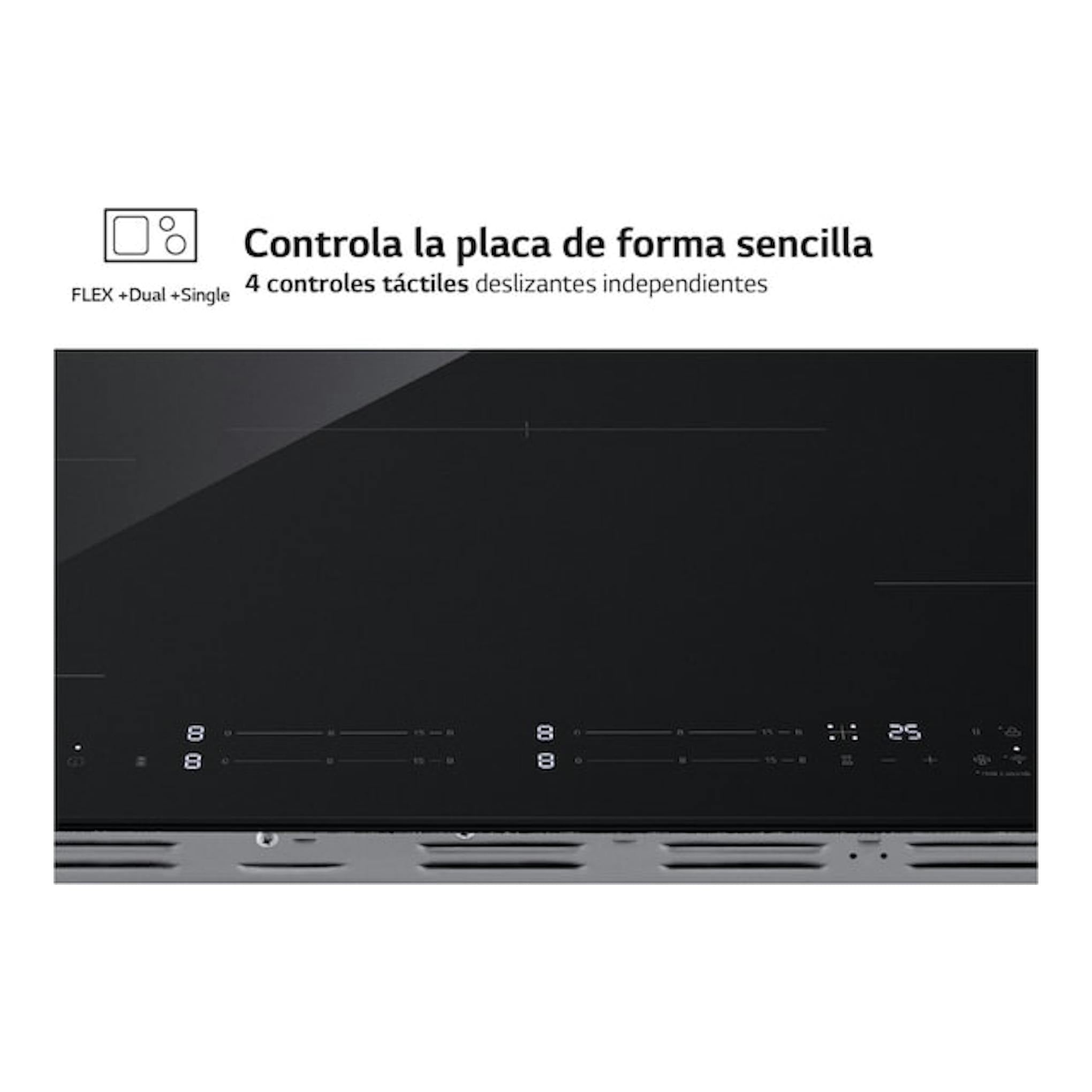Placa de inducción LG CBIZ3035B negra, vista frontal, con controles táctiles y varias zonas de cocción.