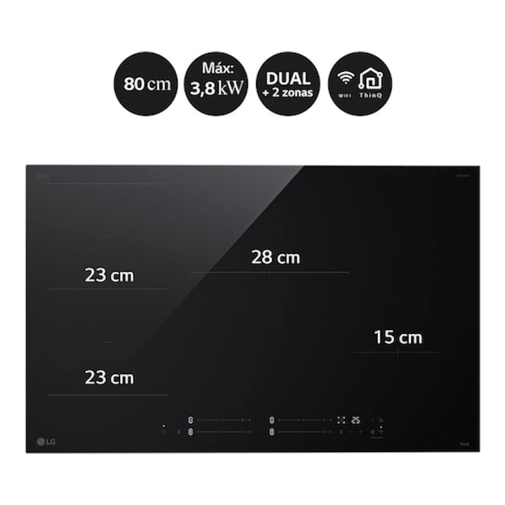 Placa de inducción LG CBIZ3035B negra, vista frontal, 4 zonas y zona flexible, medidas 23, 28 y 15 cm