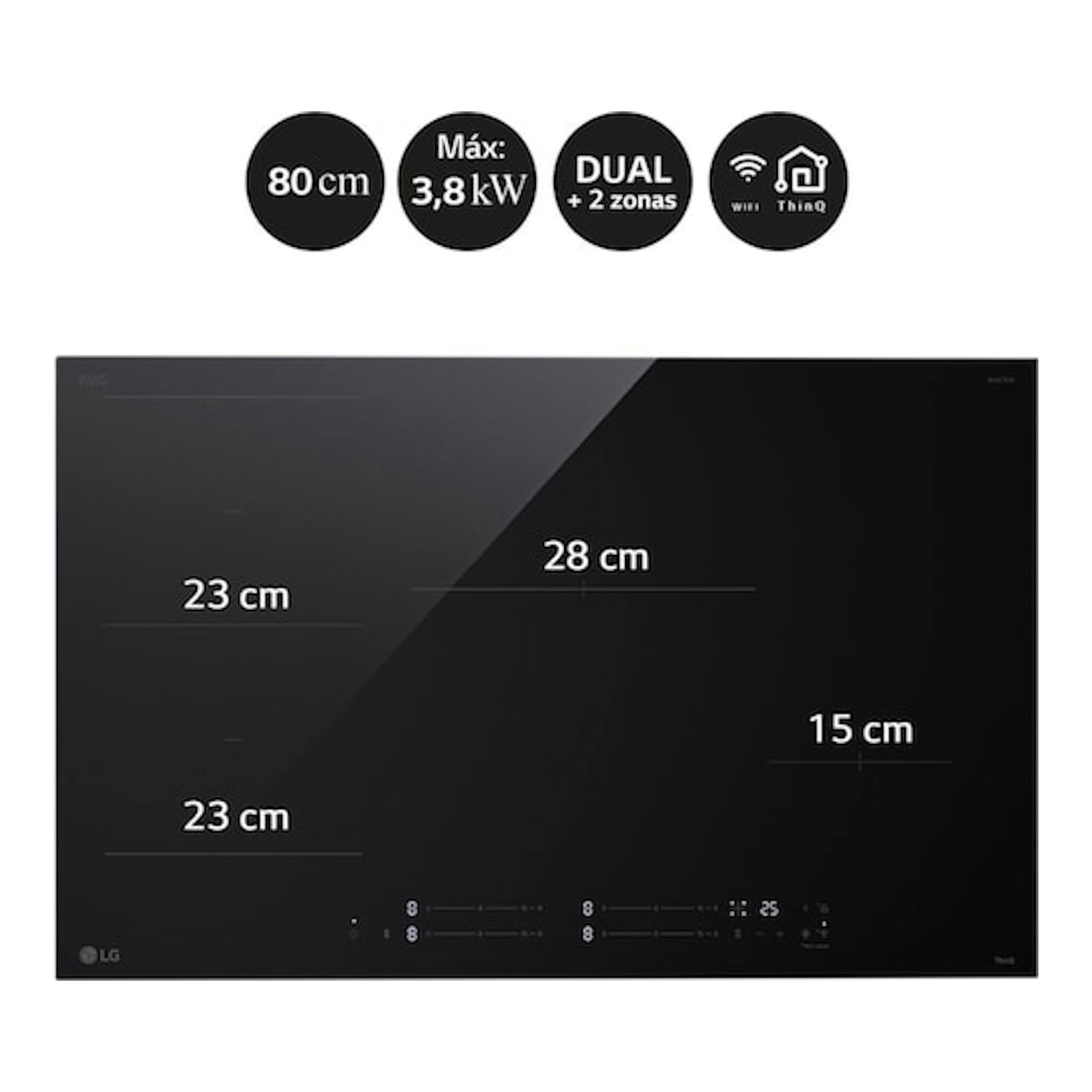 Placa de inducción LG CBIZ3035B negra, vista frontal, 4 zonas y zona flexible, medidas 23, 28 y 15 cm