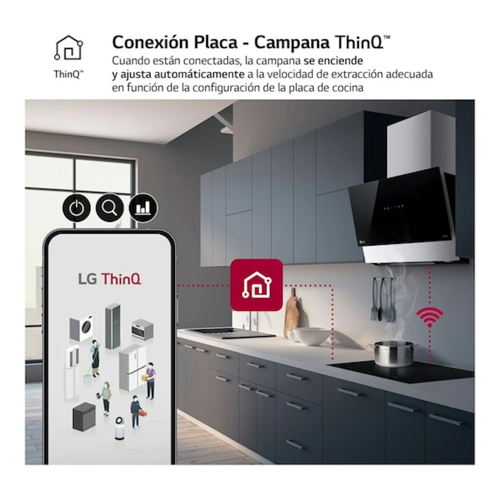 Infografía frontal de cocina con placa de inducción LG CBIZ3035B y campana ThinQ conectadas por Wi‑Fi.