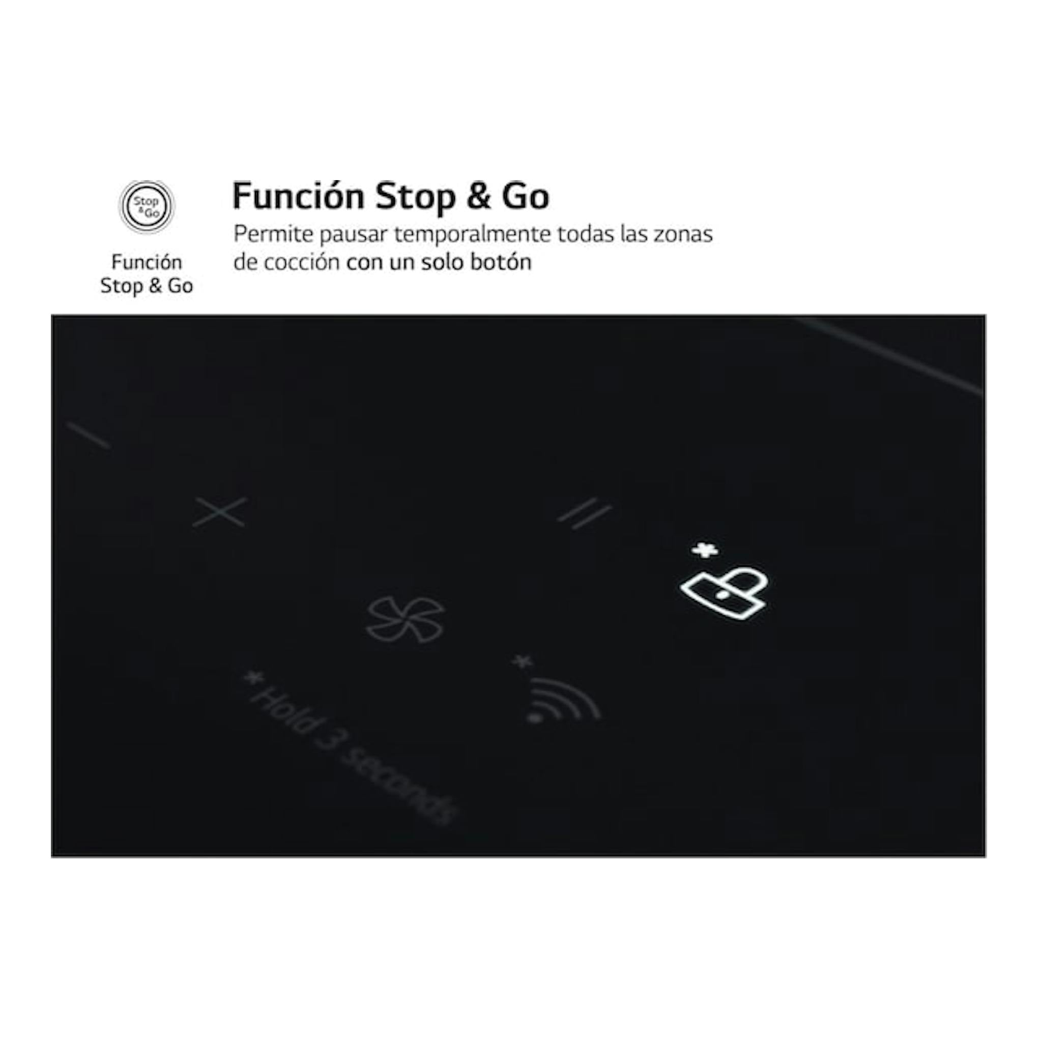 Placa de inducción LG CBIZ3035B negra, vista frontal parcial con iconos táctiles y función Stop & Go.