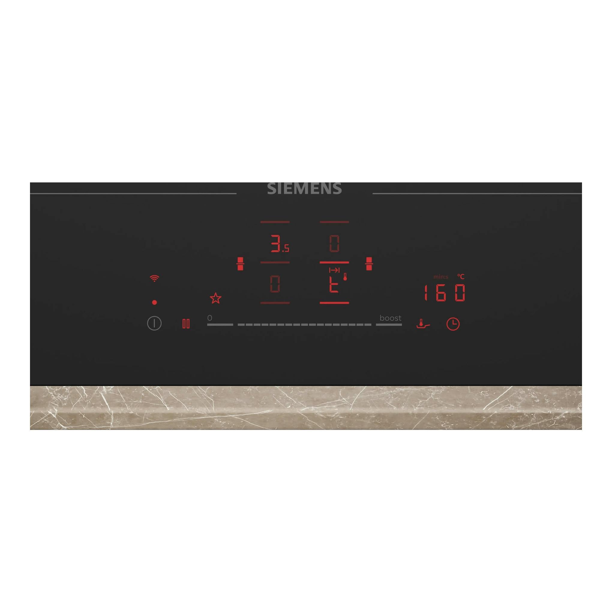 Placa de inducción Siemens EX61AHYC1E negra, vista frontal, con panel táctil iluminado en rojo y logotipo Siemens.