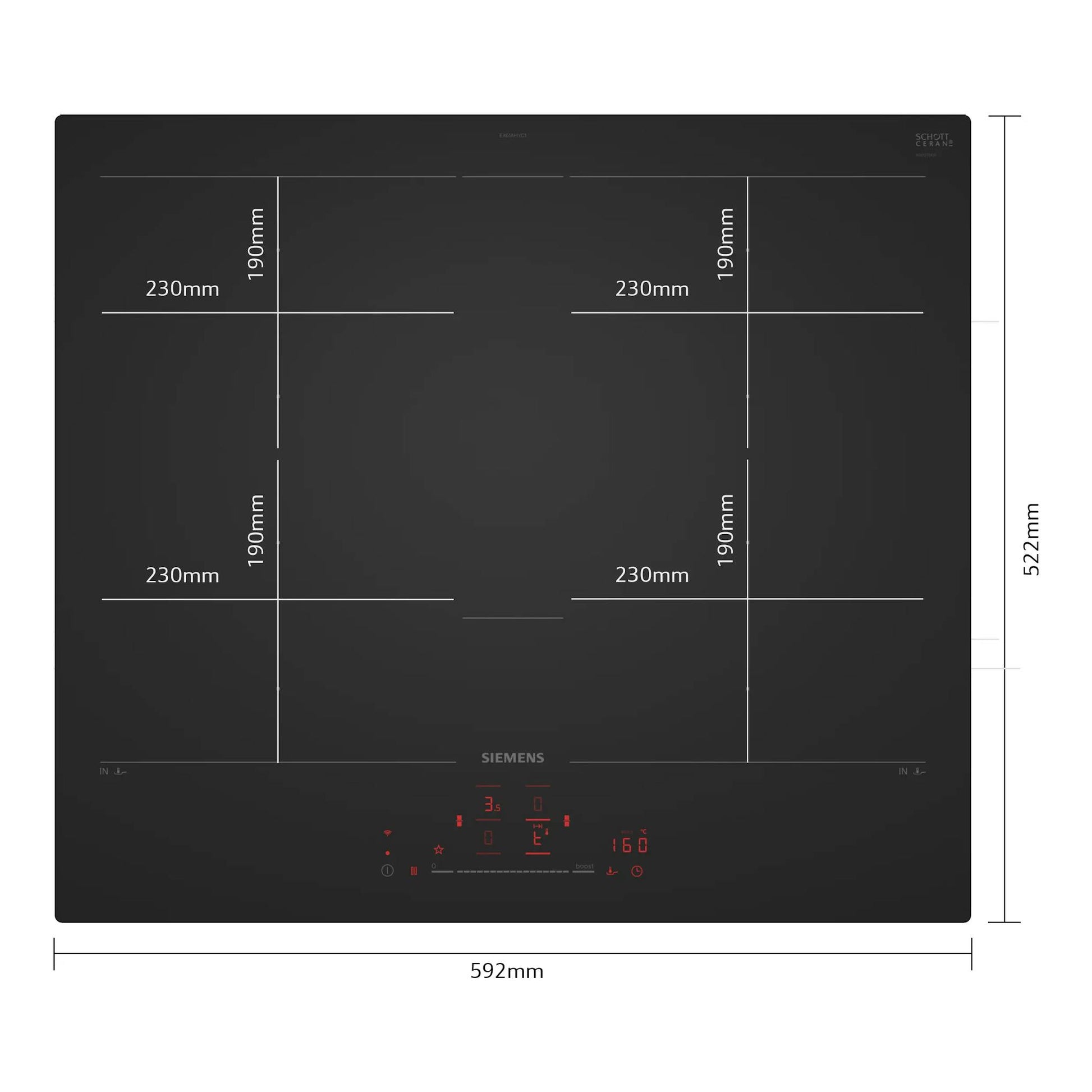 Placa de inducción Siemens EX61AHYC1E negra mate, vista frontal, con 4 zonas y panel táctil.