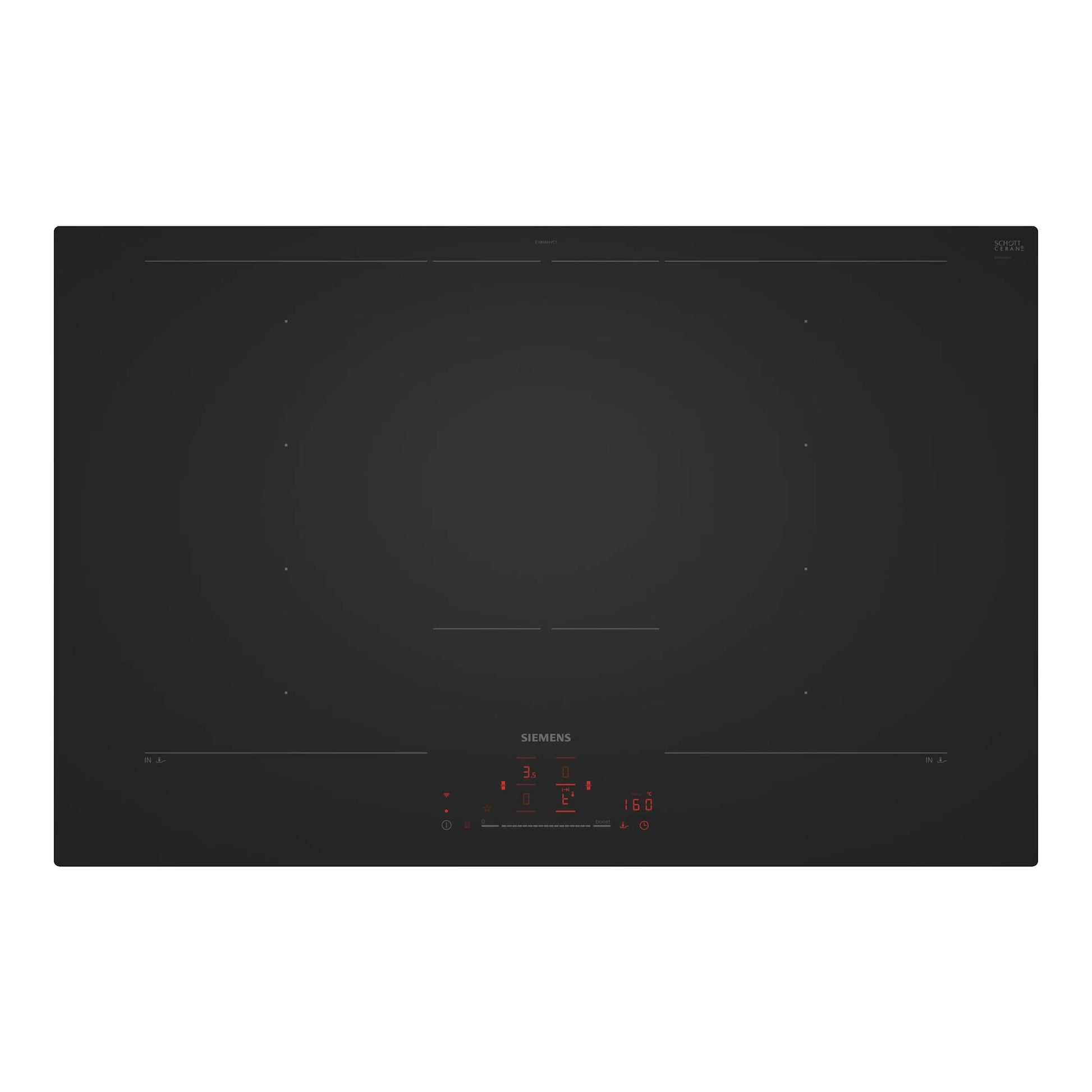 Placa de inducción Siemens EX81AHYC1E negra, vista superior, con panel táctil rojo.