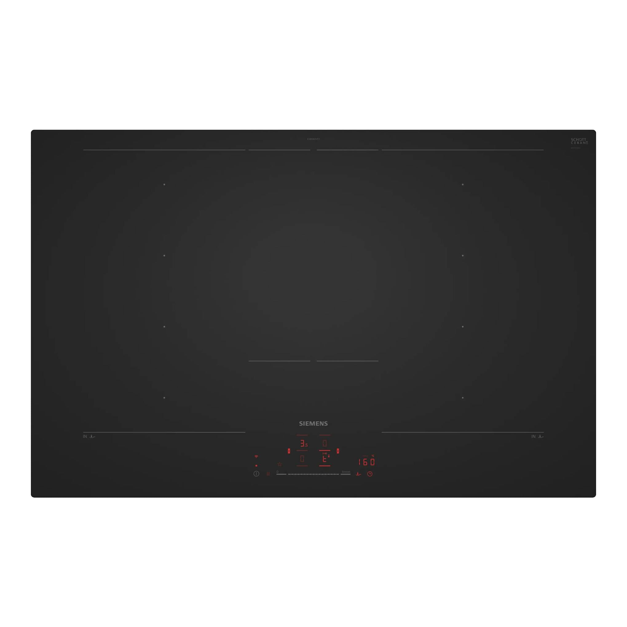 Placa de inducción Siemens EX81AHYC1E negra, vista superior, con panel táctil rojo.