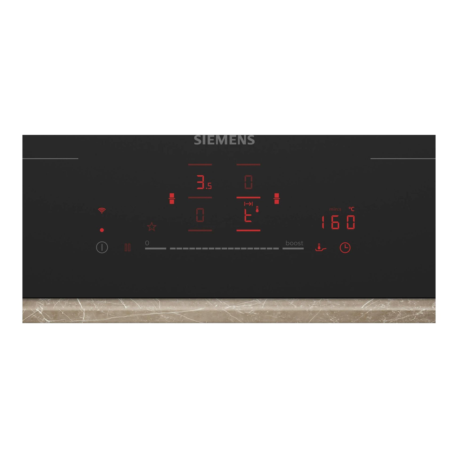 Placa de inducción Siemens EX81AHYC1E negra, vista frontal, con controles táctiles y display rojo.