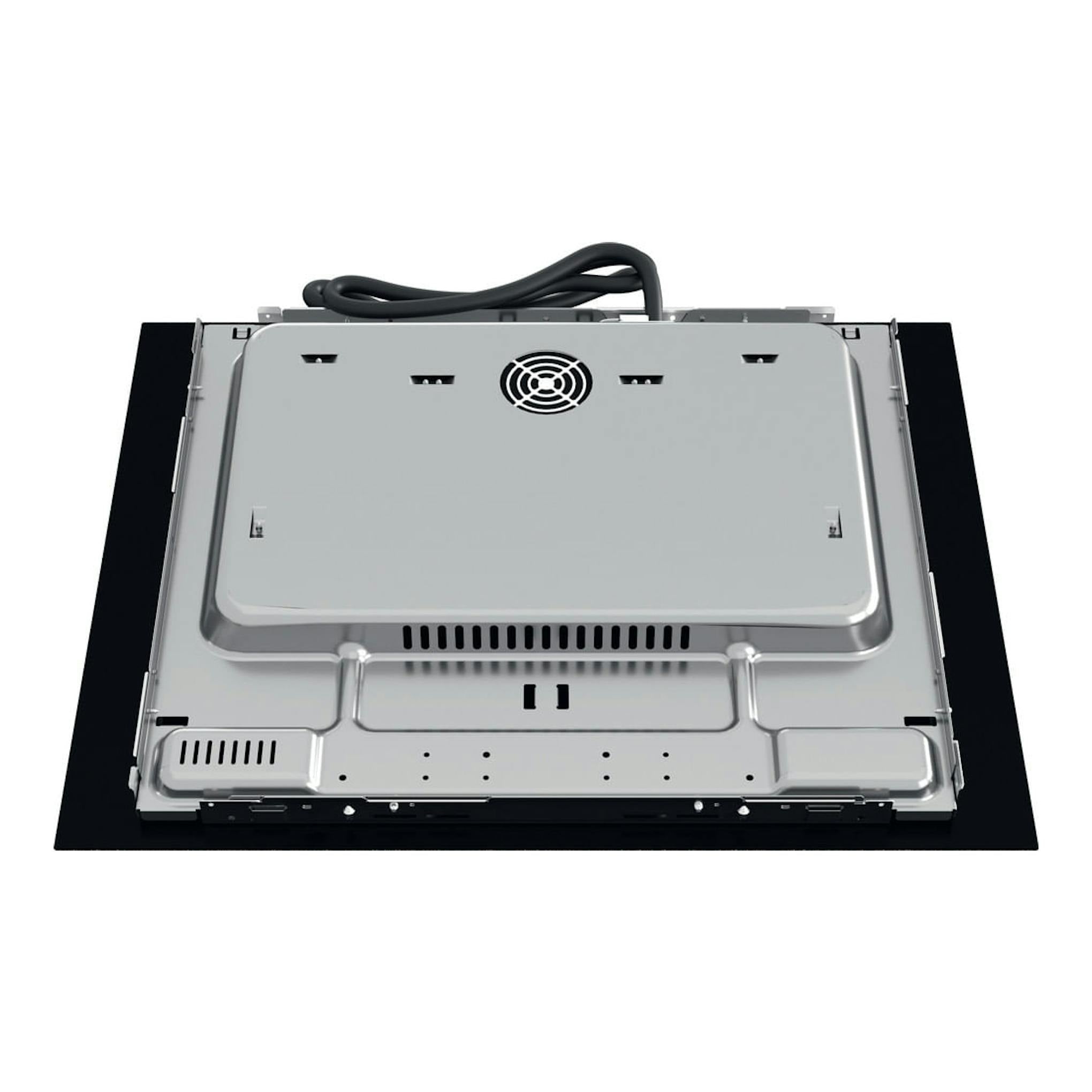 Whirlpool WB B3760 BF, vista inferior de placa de inducción negra y metálica con cable de alimentación.