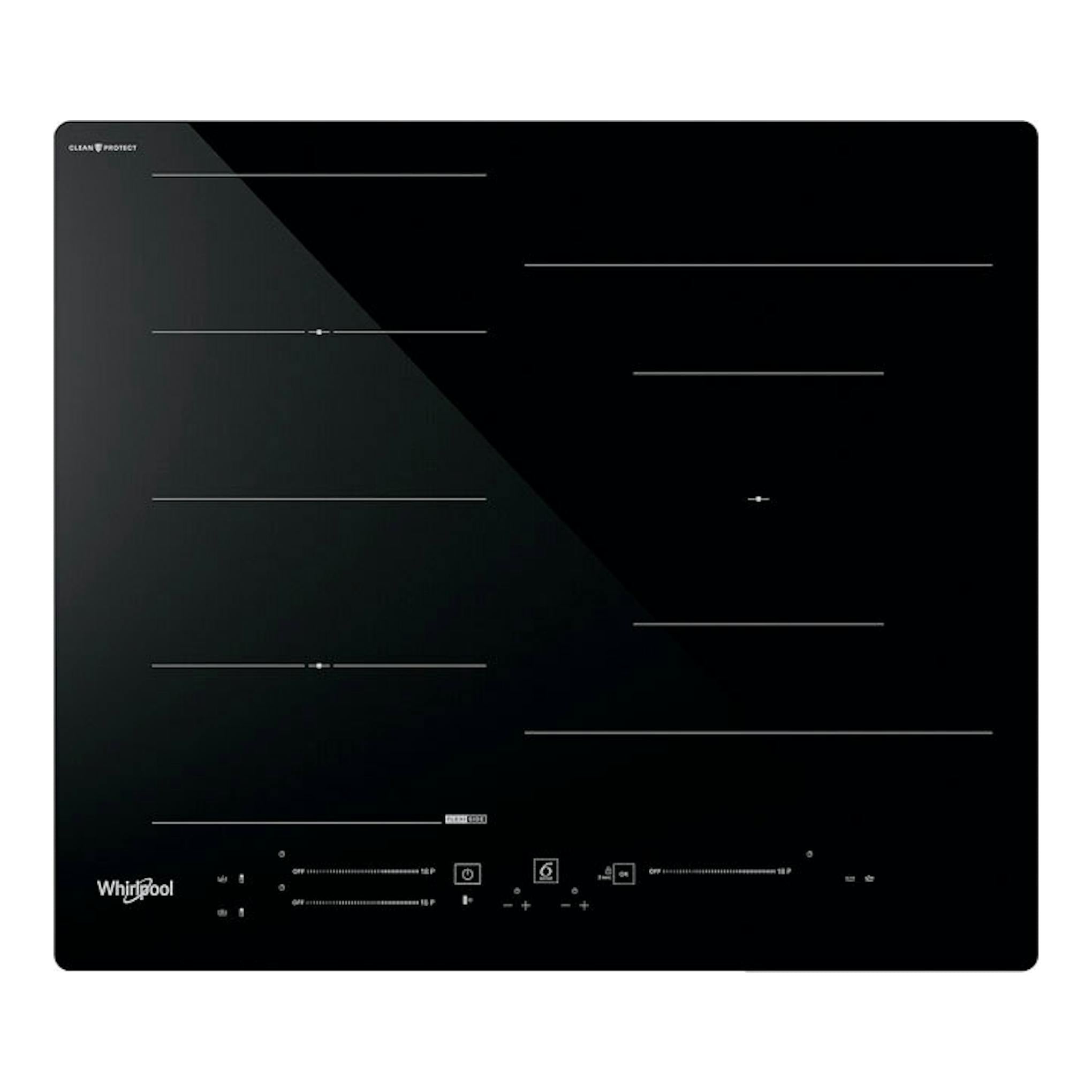 Placa de inducción Whirlpool WF S9860 CPNE negra, vista frontal, con mandos táctiles.