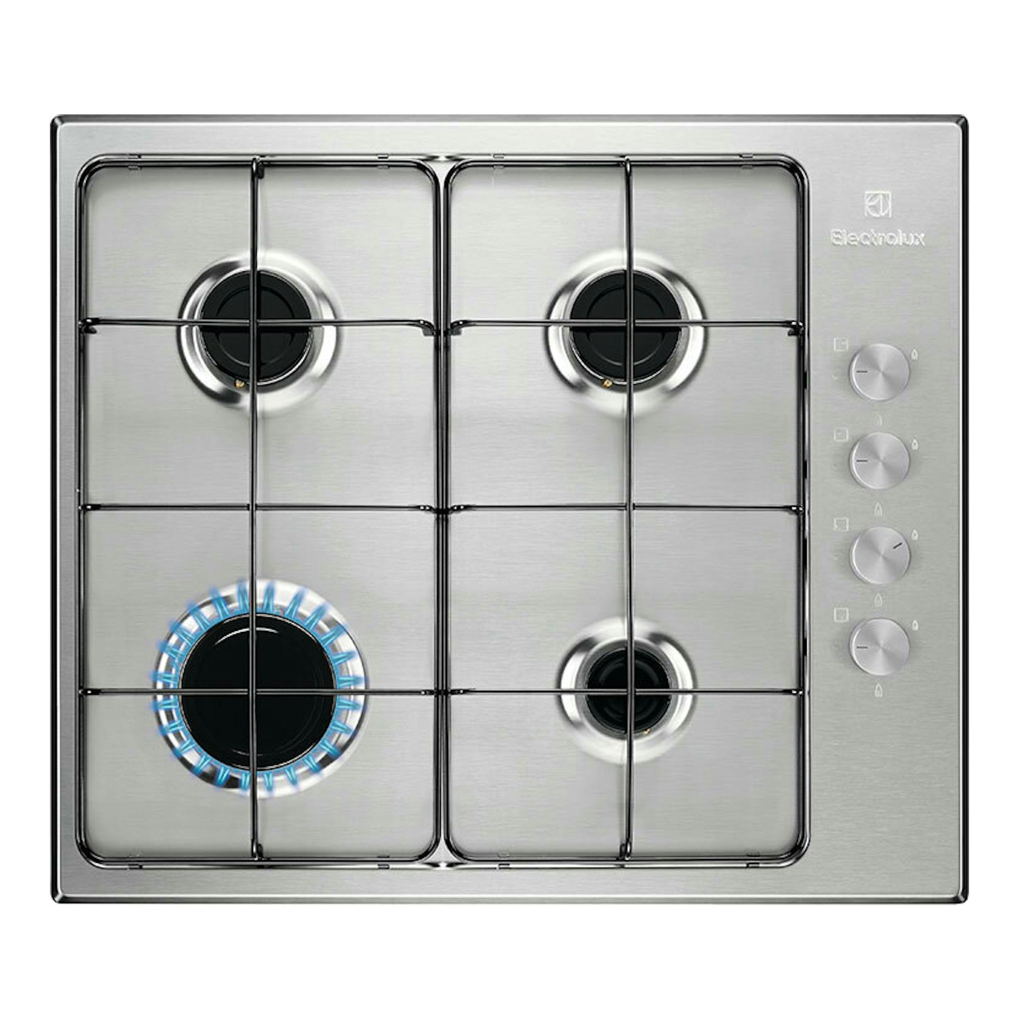 Placa de gas Electrolux KGS6404SX inox, vista superior, cuatro fuegos y mandos a la derecha, uno encendido.