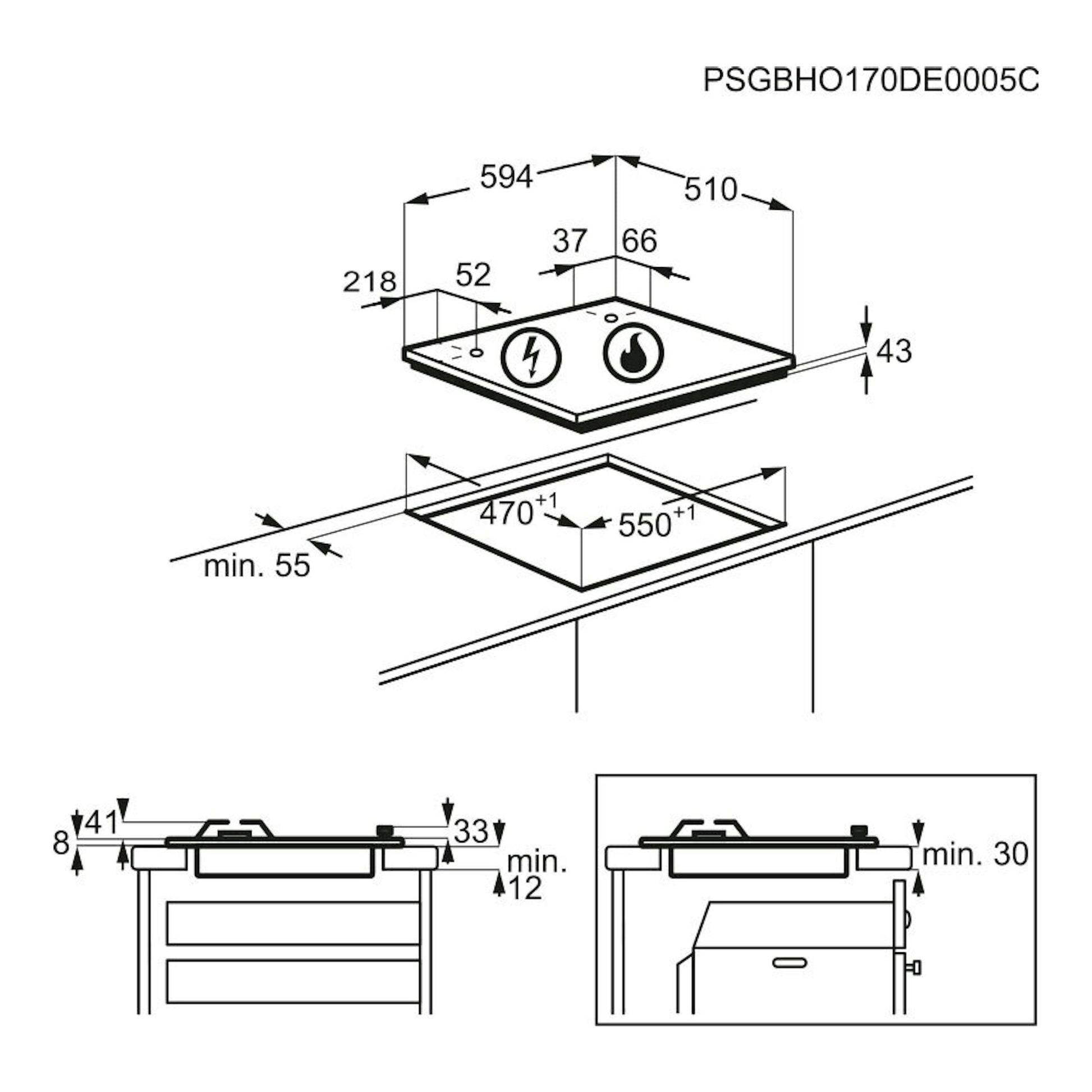 Diagrama técnico de instalación de la placa de gas Electrolux KGS6404SX, vistas superior y lateral con medidas.