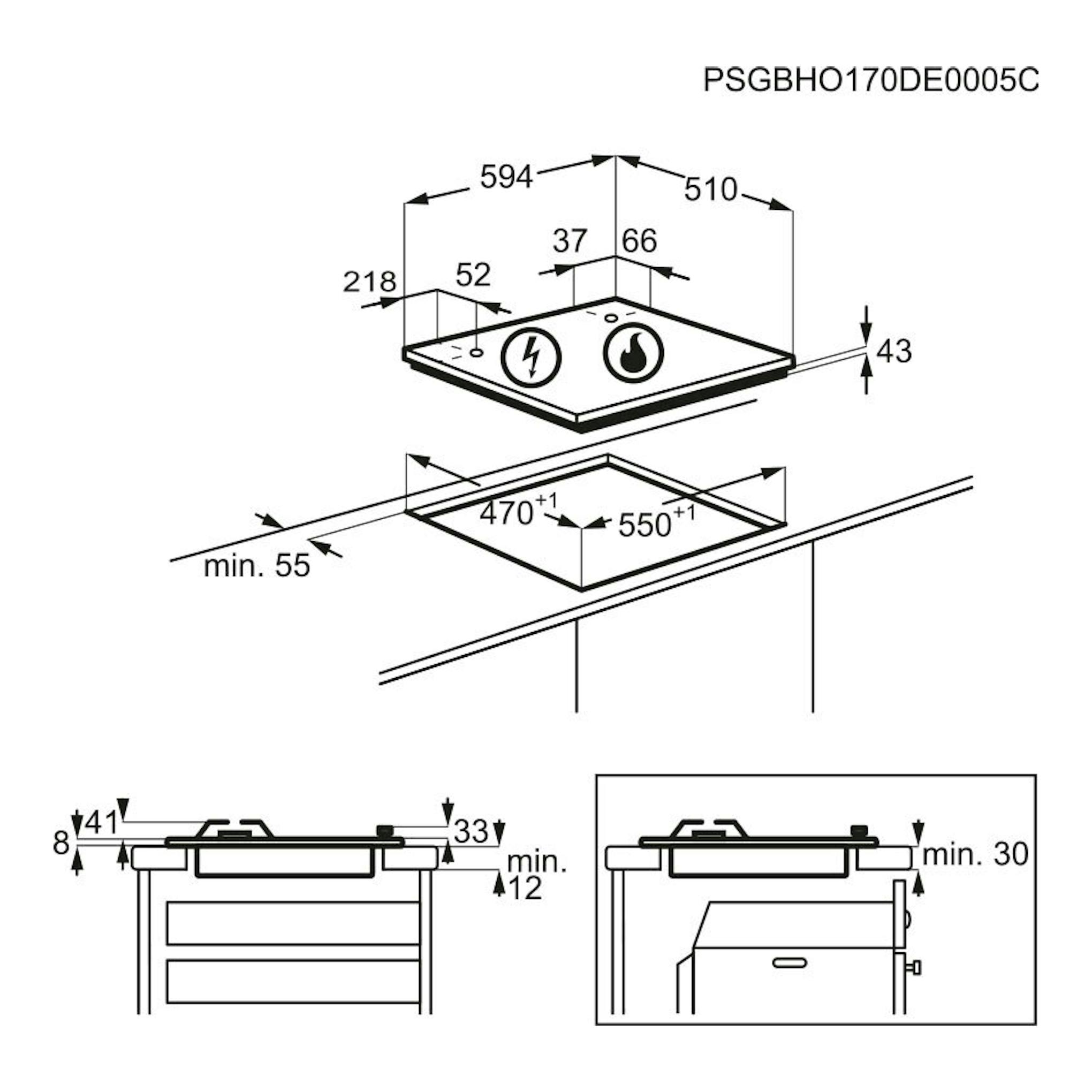 Diagrama técnico de instalación de la placa de gas Electrolux KGS6404SX, vistas superior y lateral con medidas.