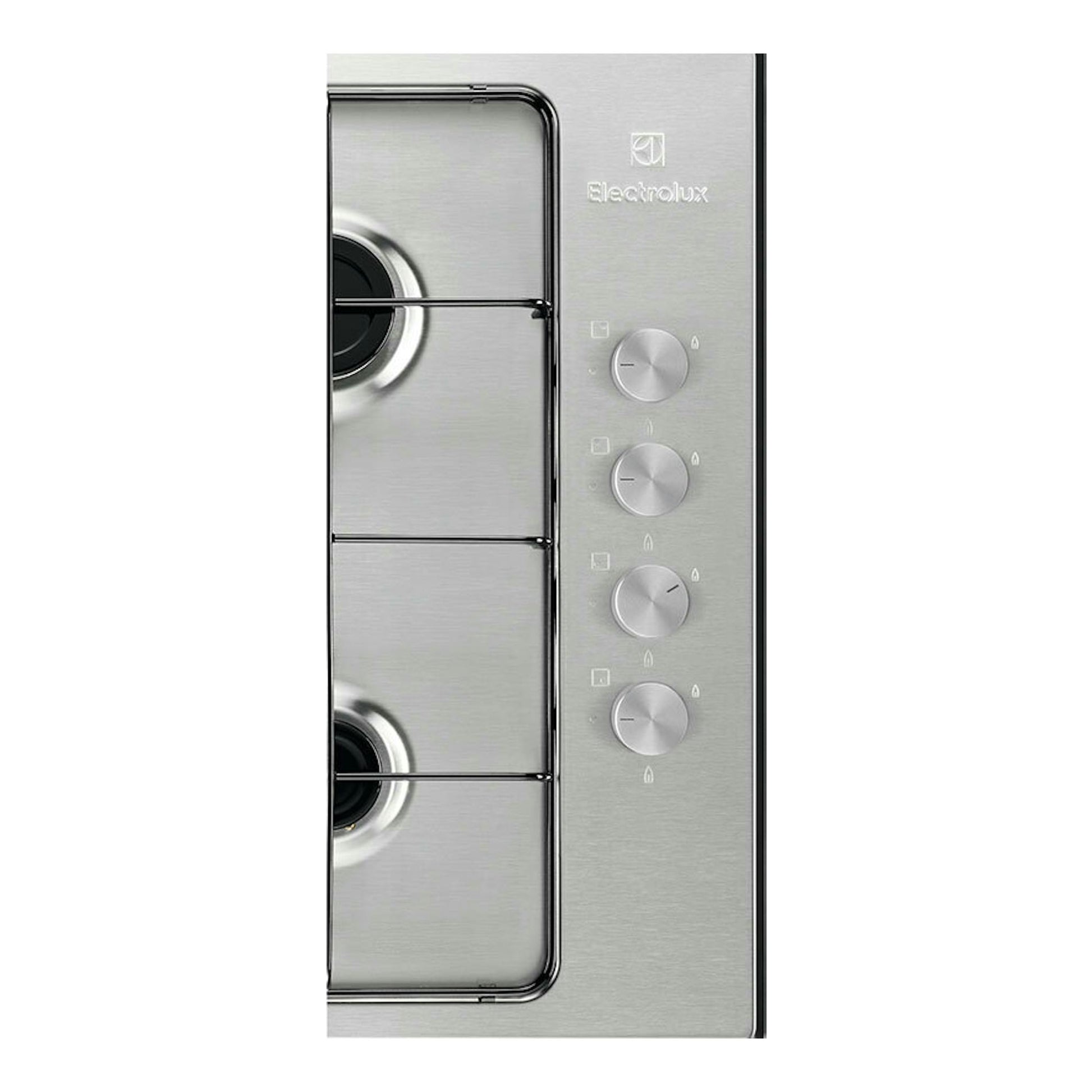 Placa de gas Electrolux KGS6404SX de acero inoxidable, vista frontal, con 4 fuegos y 4 mandos a la derecha.