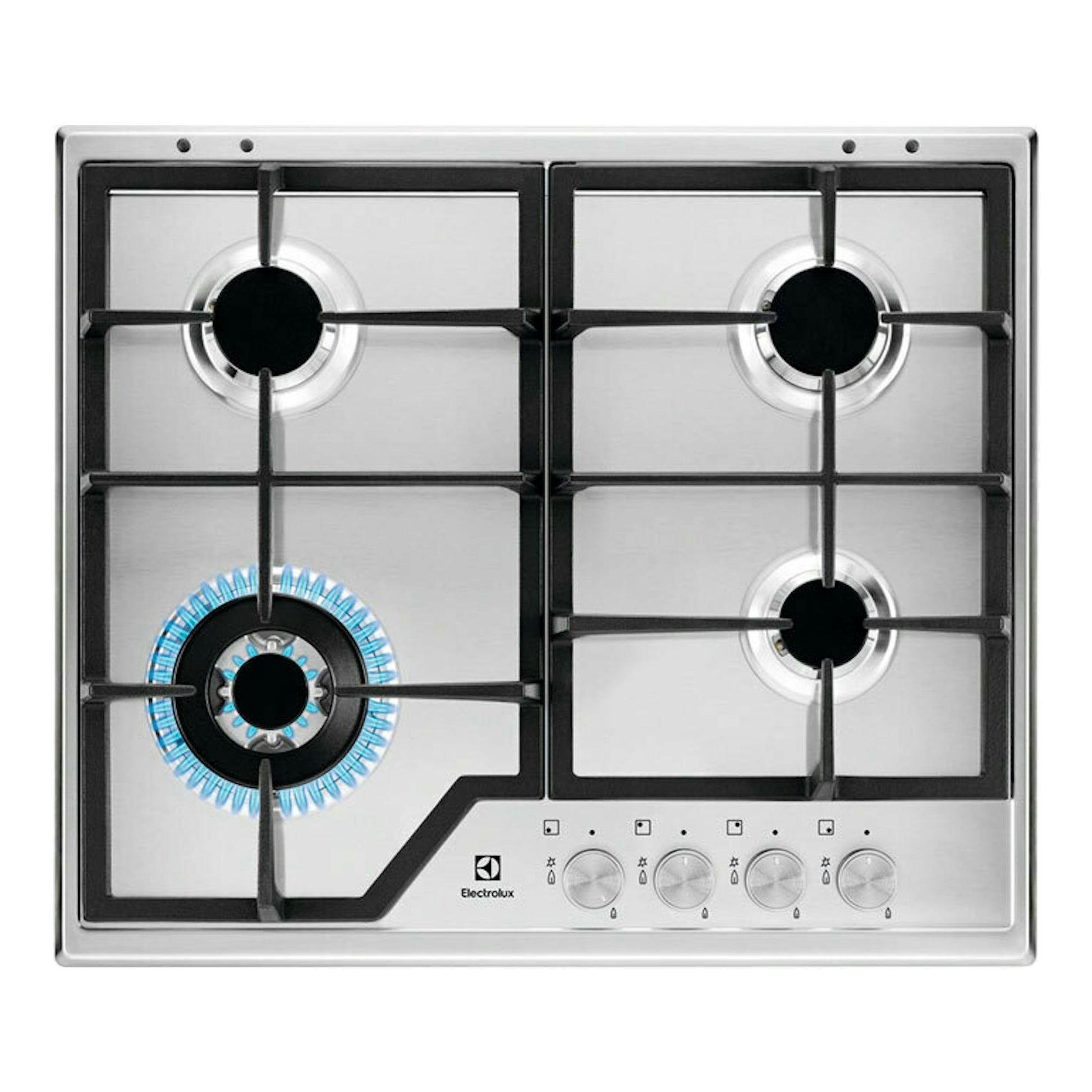Placa de gas Electrolux KGS6436SX, acero inoxidable, vista superior, 4 quemadores y uno encendido.