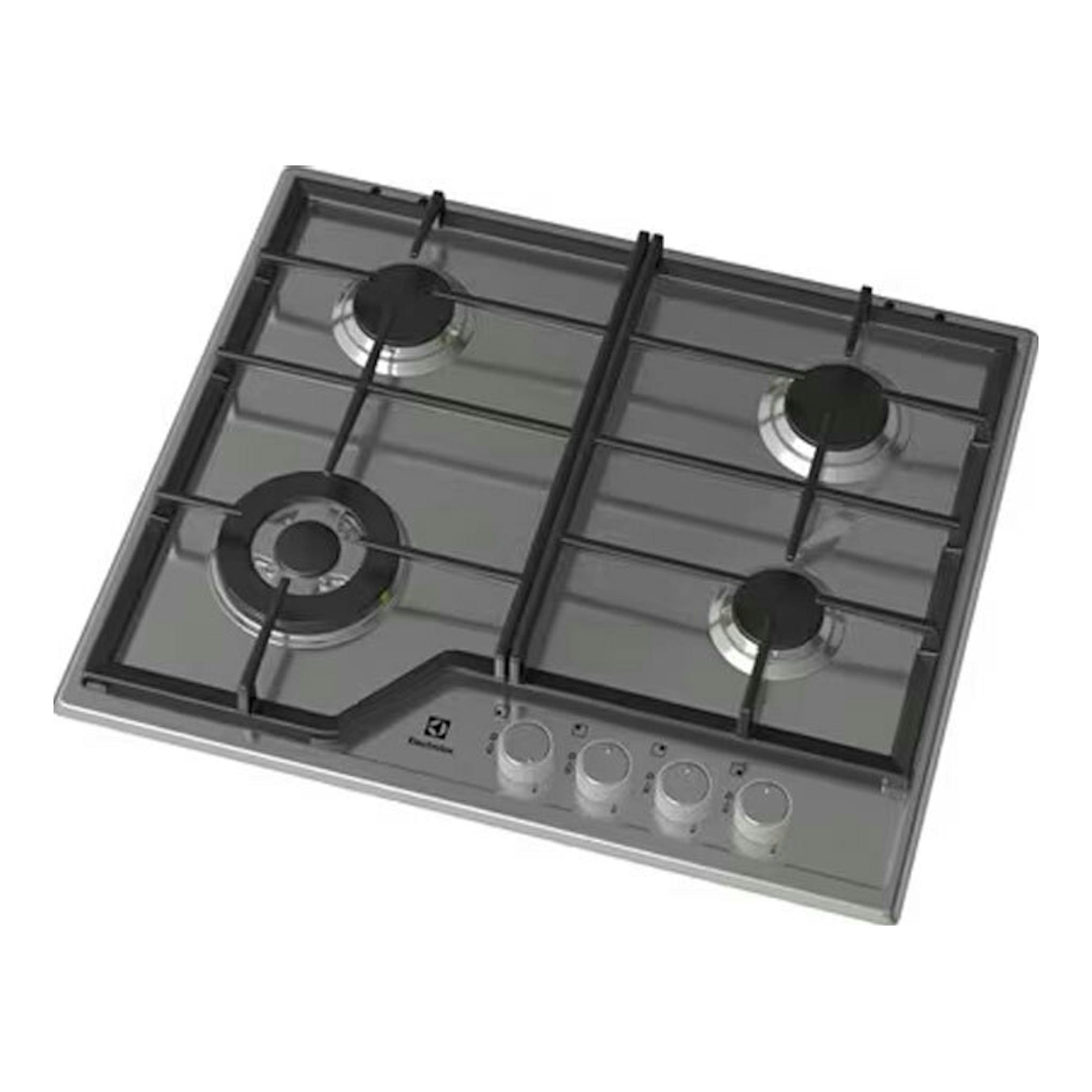 Placa de gas Electrolux KGS6436SX de 60 cm, vista superior inclinada, color inox y 4 fuegos.