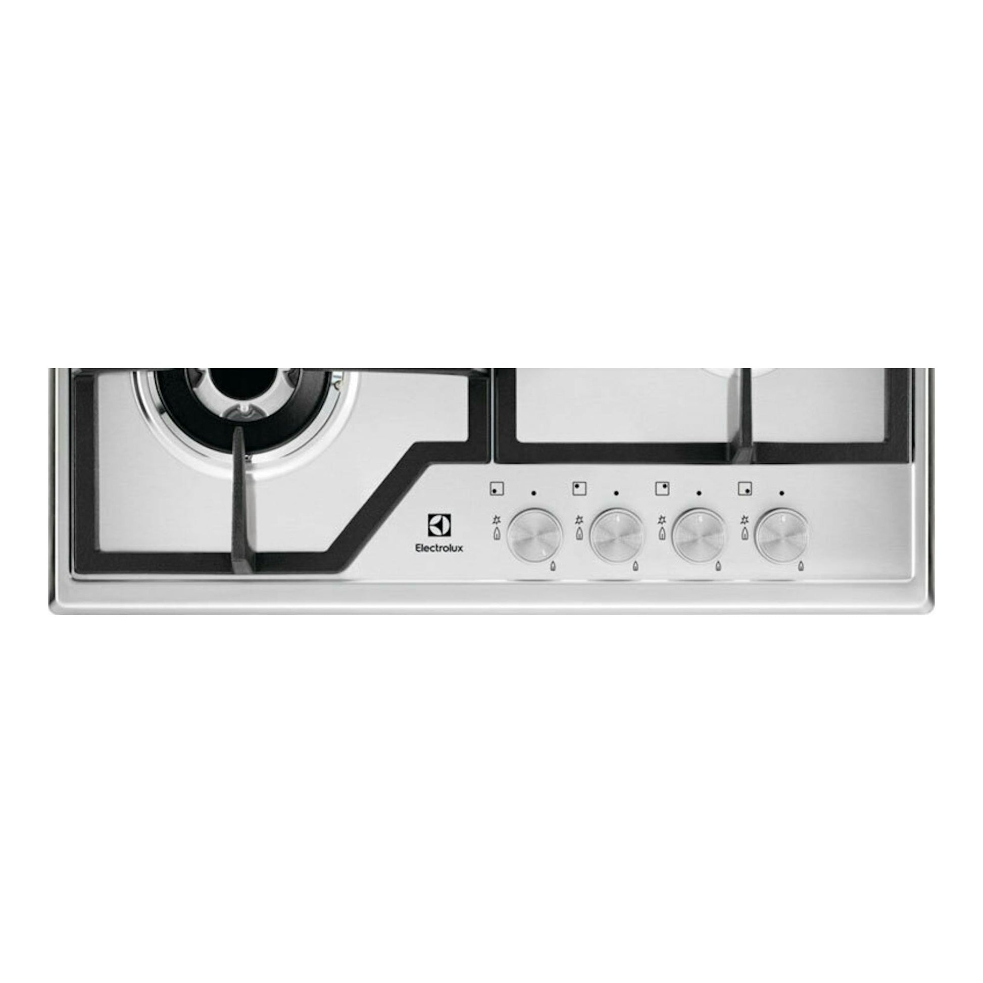 Placa de gas Electrolux KGS6436SX en acero inoxidable, vista frontal parcial con cuatro mandos.