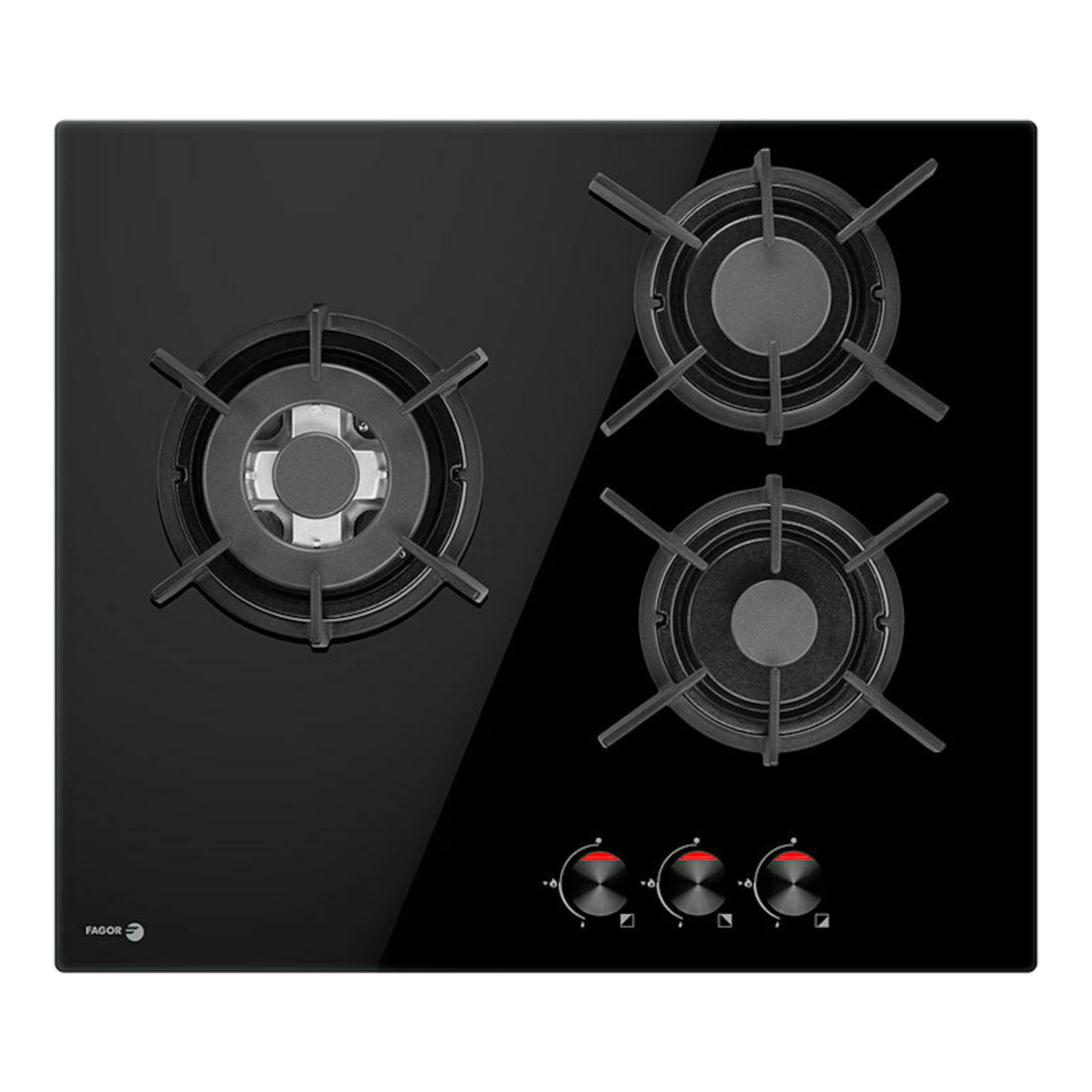 Placa de gas Fagor 3CFI3GLSPB negra, vista frontal, con 3 quemadores y 3 mandos.