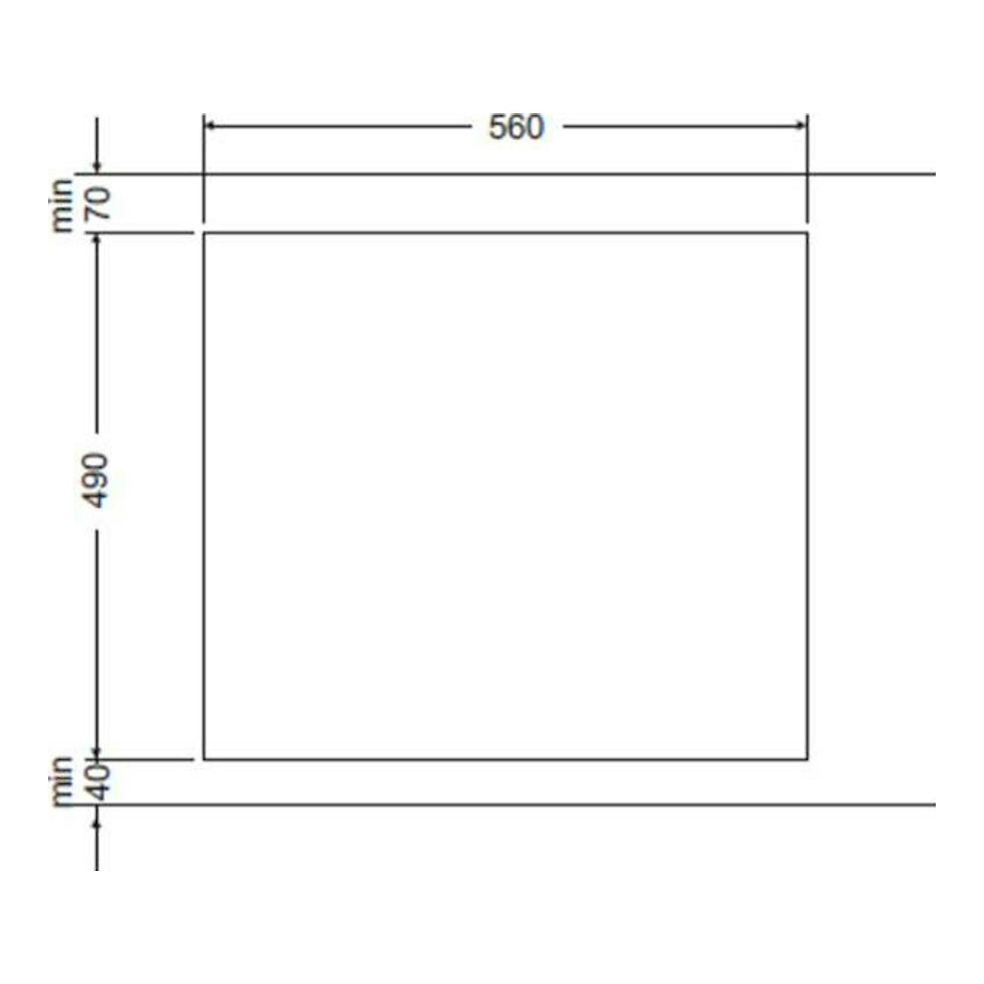 Fagor 3CFI3GLSPB: esquema técnico frontal de encastre, rectángulo con medidas 560 x 490 mm y mínimos 70/40 mm.