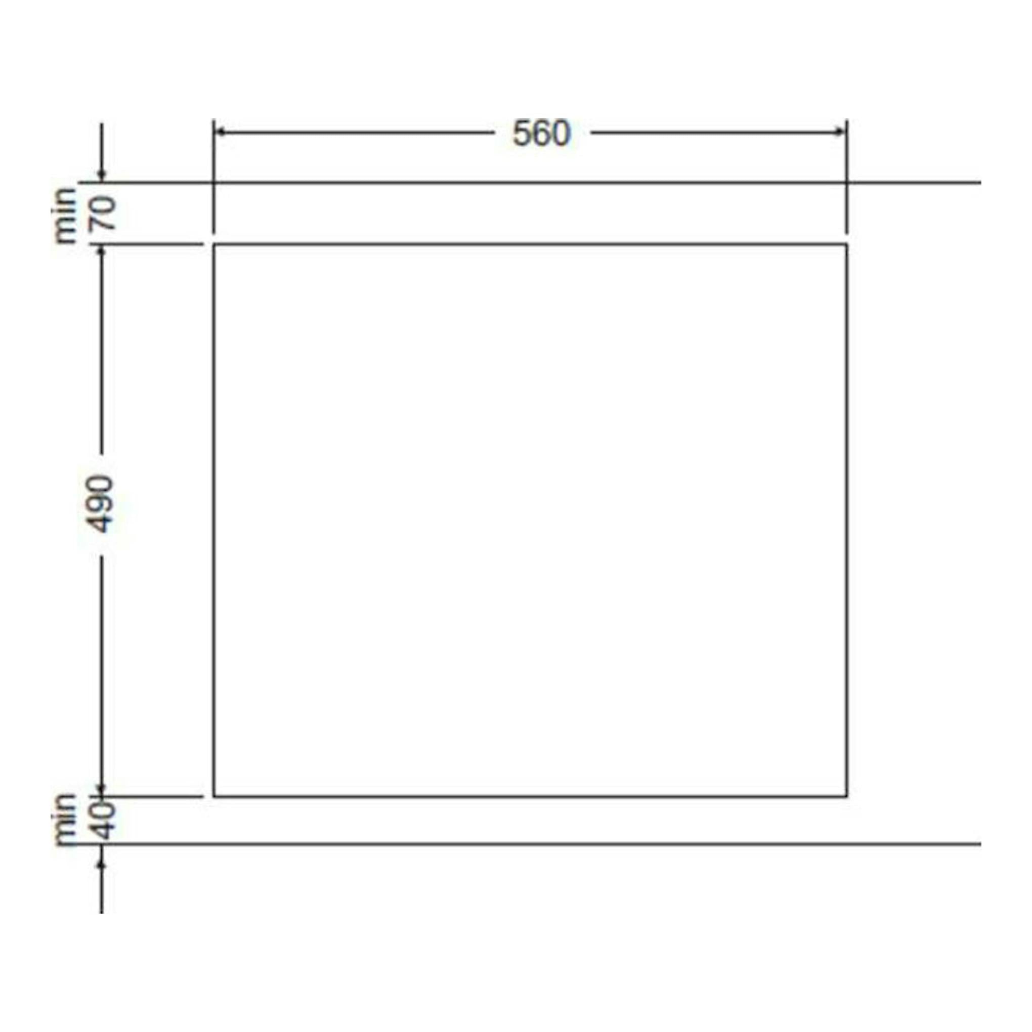 Fagor 3CFI3GLSPB: esquema técnico frontal de encastre, rectángulo con medidas 560 x 490 mm y mínimos 70/40 mm.