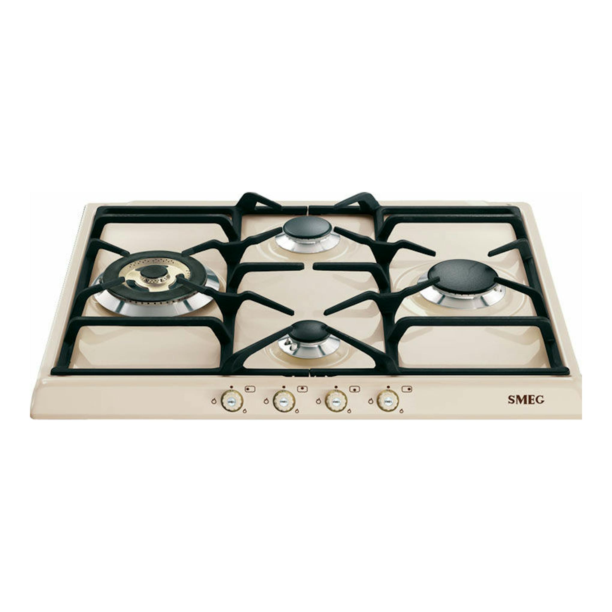 Placa de gas Smeg SR764PO beige, vista superior, con 4 fuegos y parrillas negras.