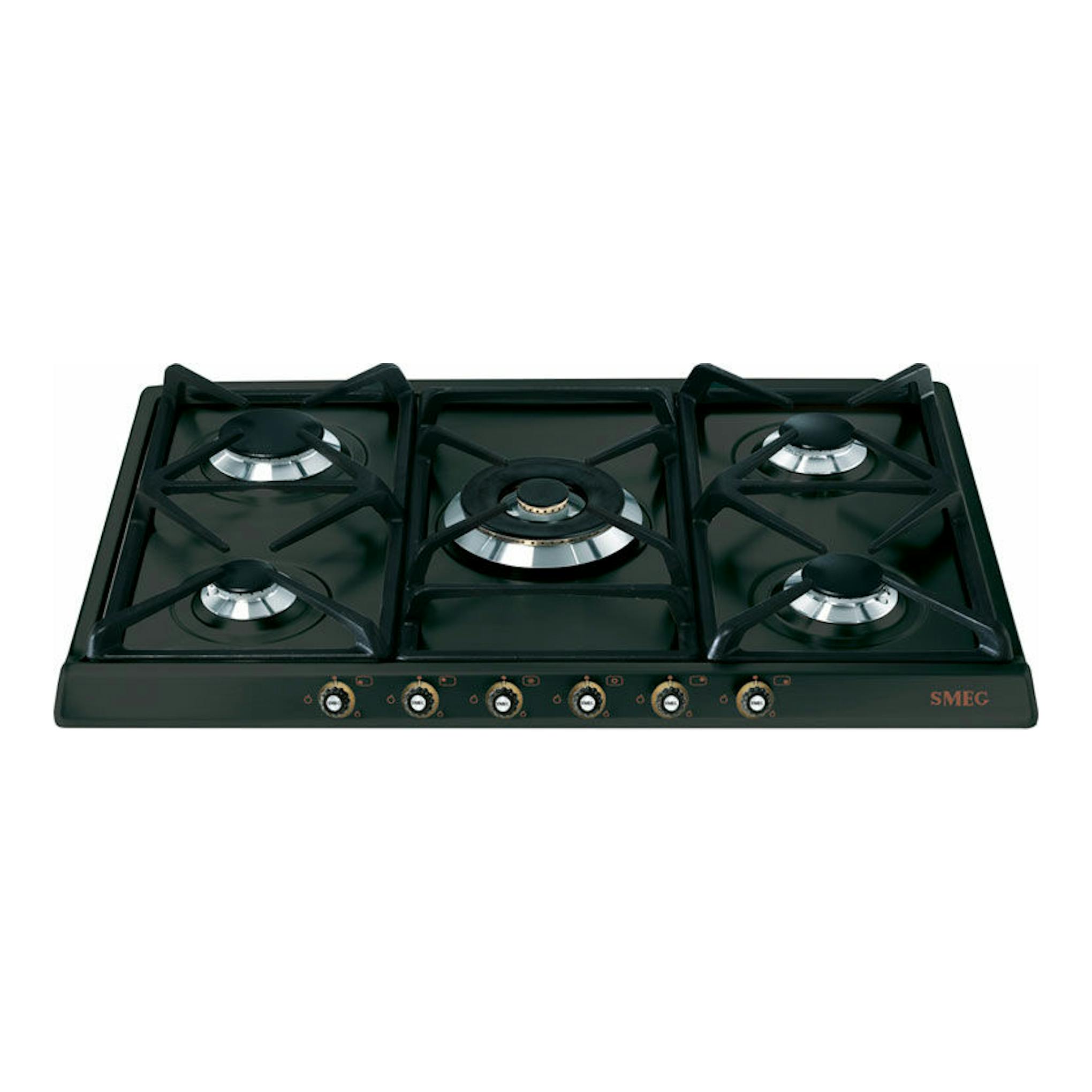 Placa de gas Smeg SR775AO negra, vista frontal, con 5 quemadores y mandos frontales.