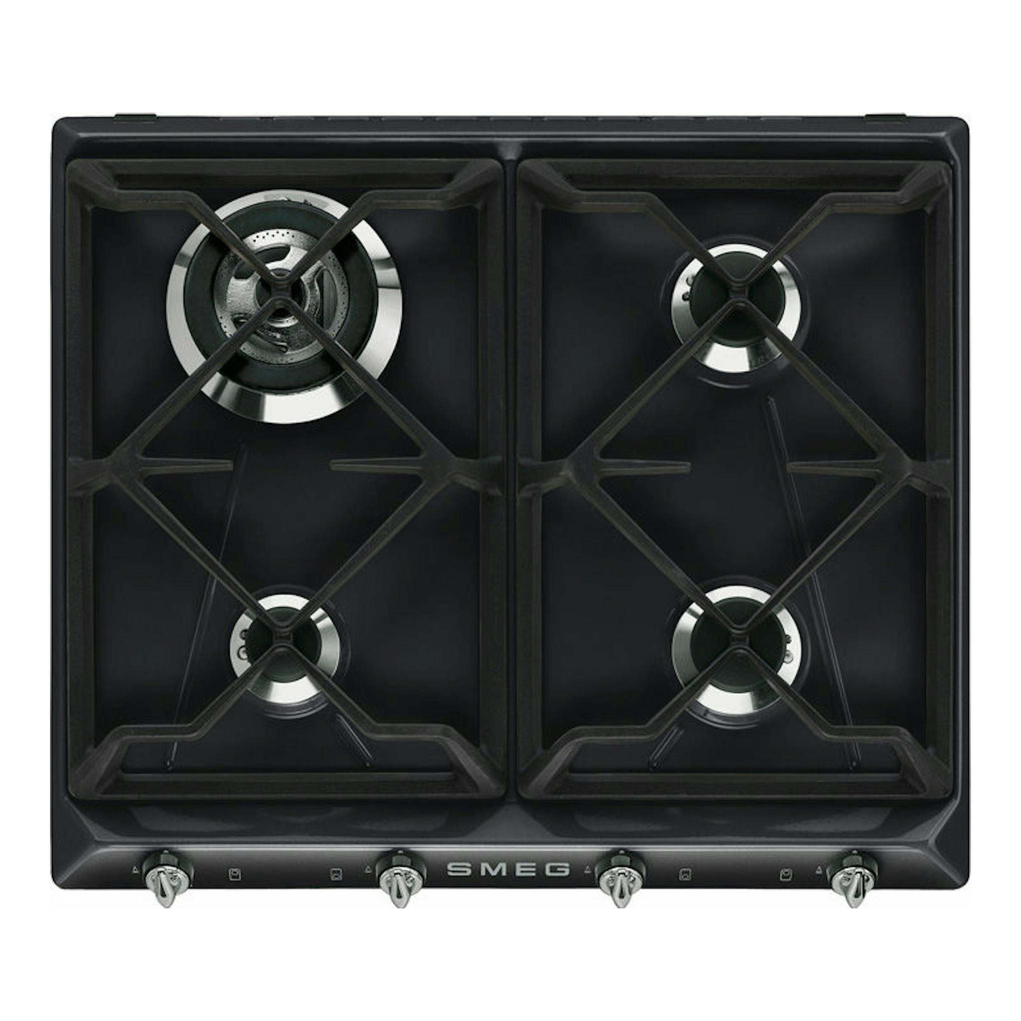 Placa de gas Smeg SR964NGH de 60 cm, negra, vista frontal, con 4 quemadores y parrillas de hierro.