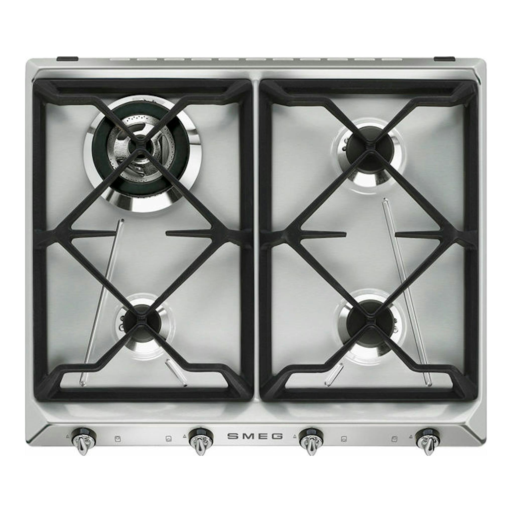 Placa de gas Smeg SR964XGH de acero inoxidable, vista superior, 4 fuegos y mandos frontales negros.
