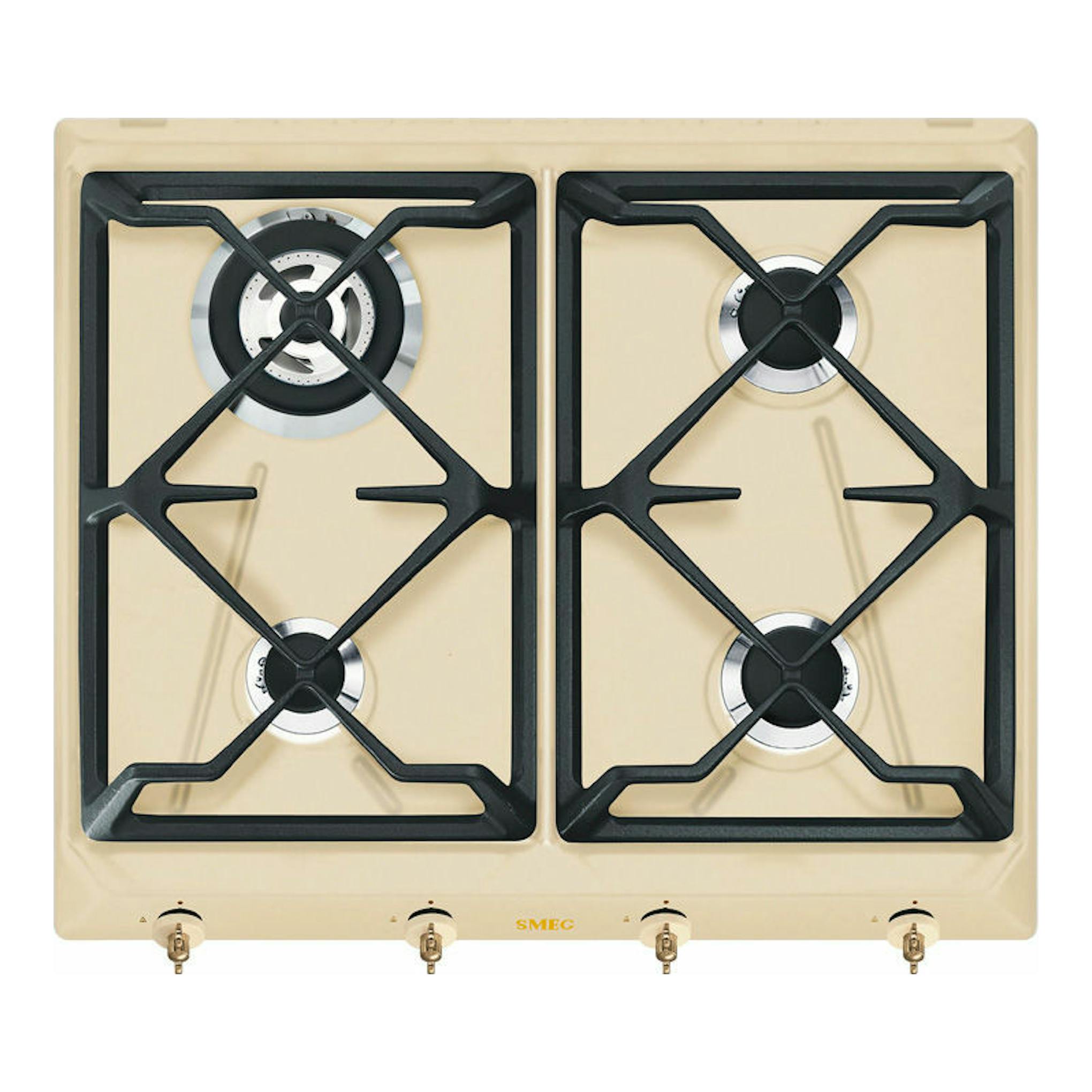 Placa de gas Smeg SRV864POGH beige, vista cenital, con cuatro fuegos y parrillas negras.