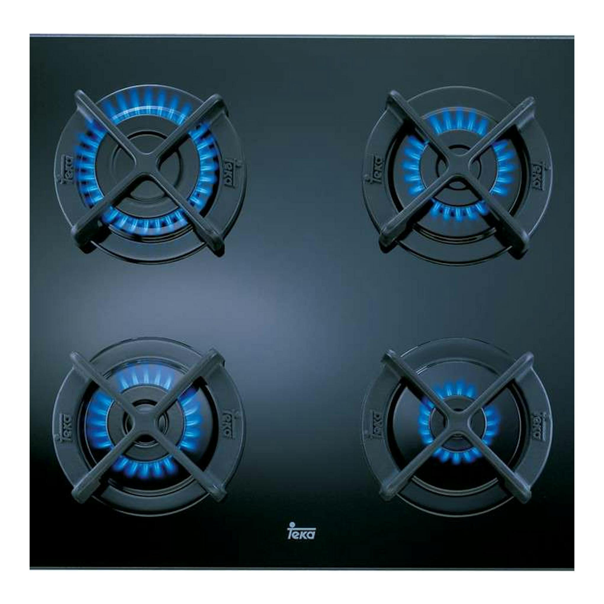 Placa de gas Teka CGC 4G AI AL negra, vista superior, con cuatro quemadores y llama azul.