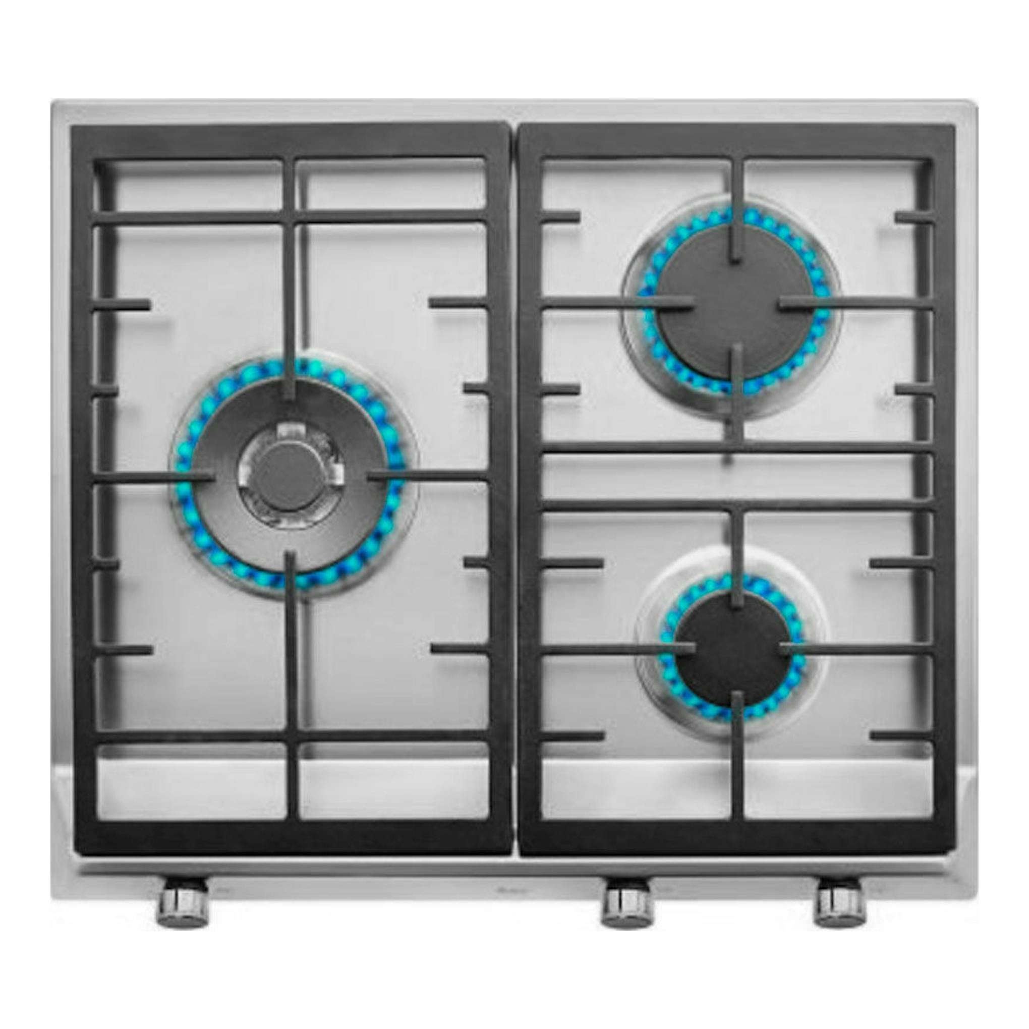 Placa de gas Teka EX 60.1, vista frontal, acero inoxidable con rejillas negras y 3 quemadores azules.