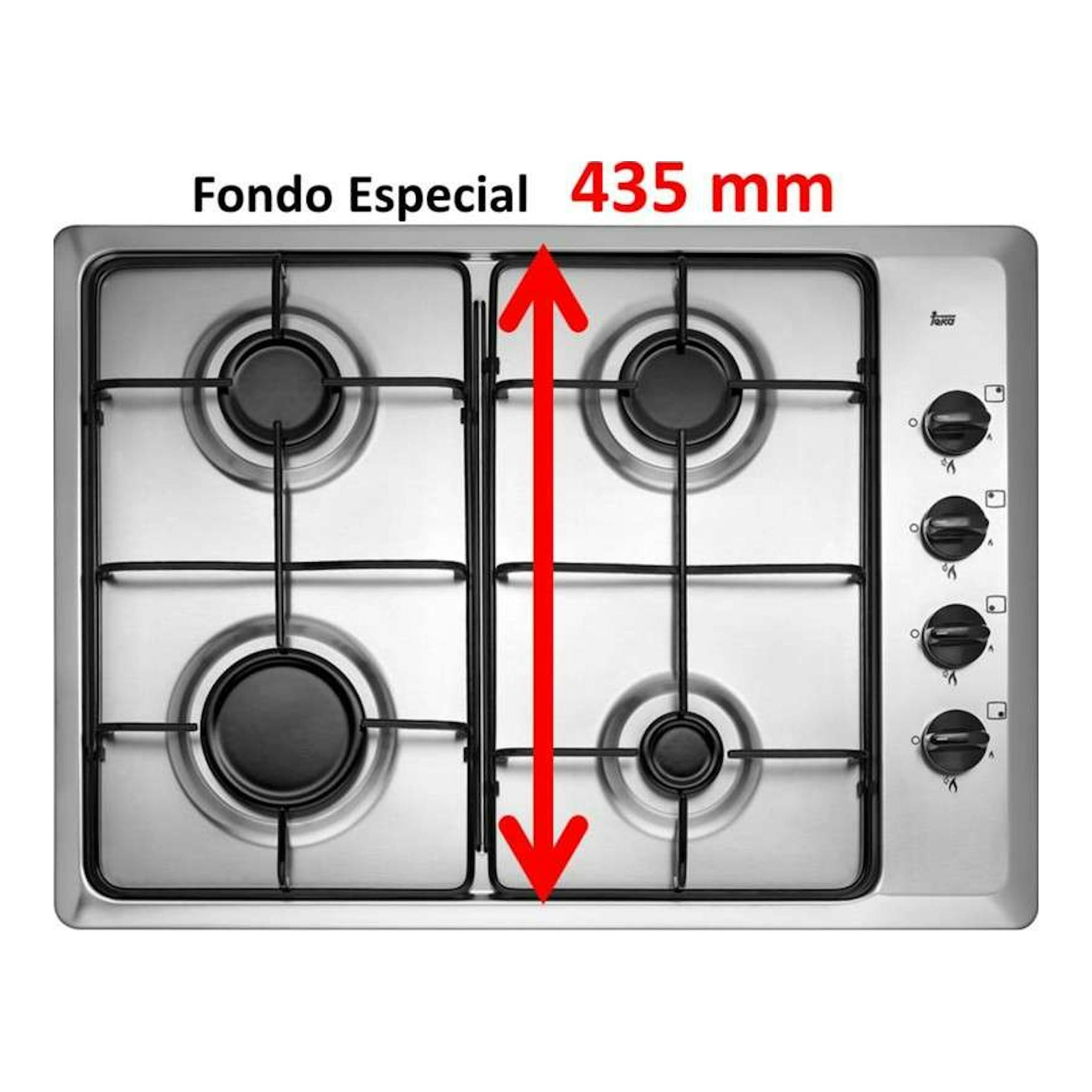 Placa de gas Teka HLX 50 4G AL, vista frontal, acero inoxidable, 4 fuegos y mandos laterales derechos.