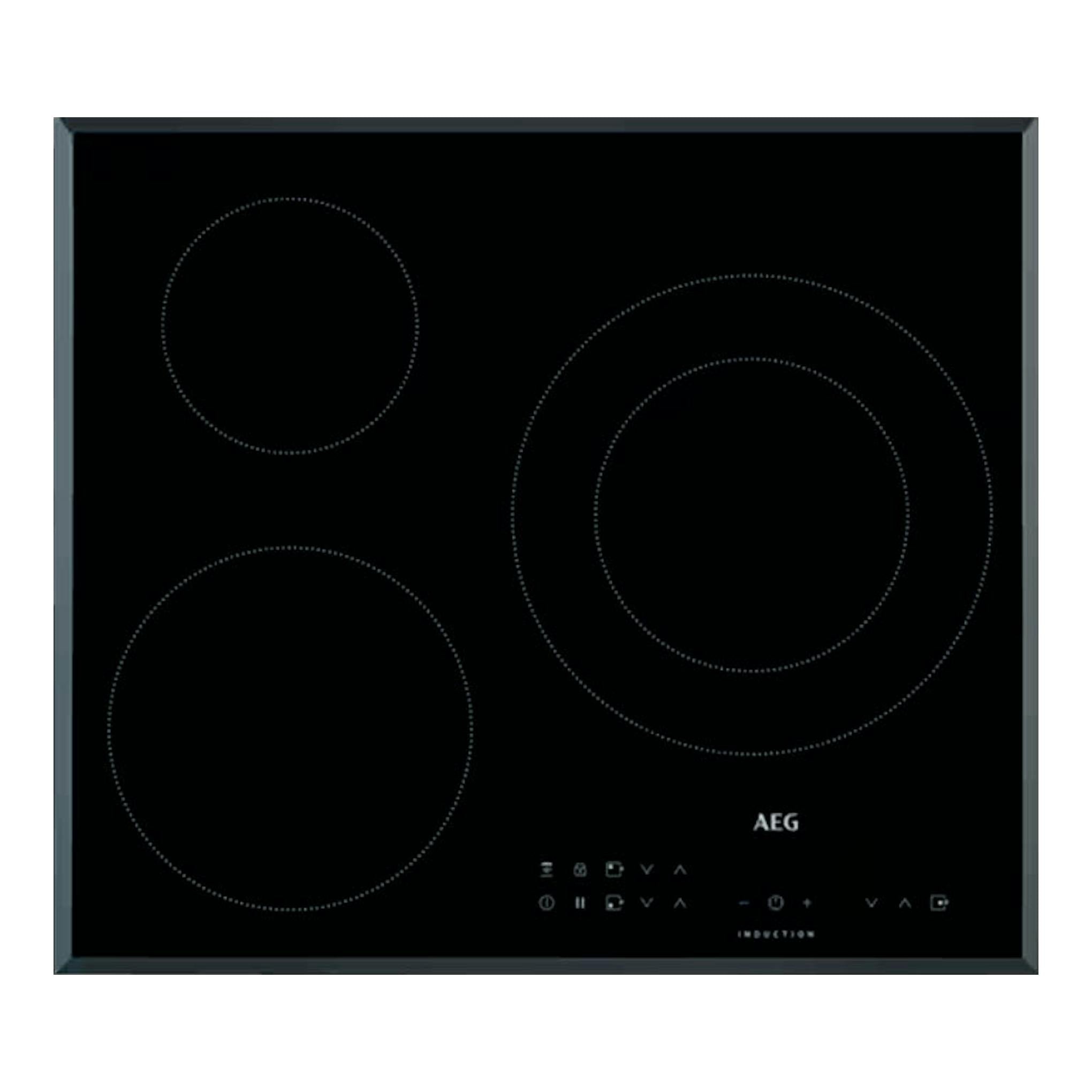 Placa de inducción AEG IKB63302FB negra, vista frontal, con tres zonas de cocción circulares.