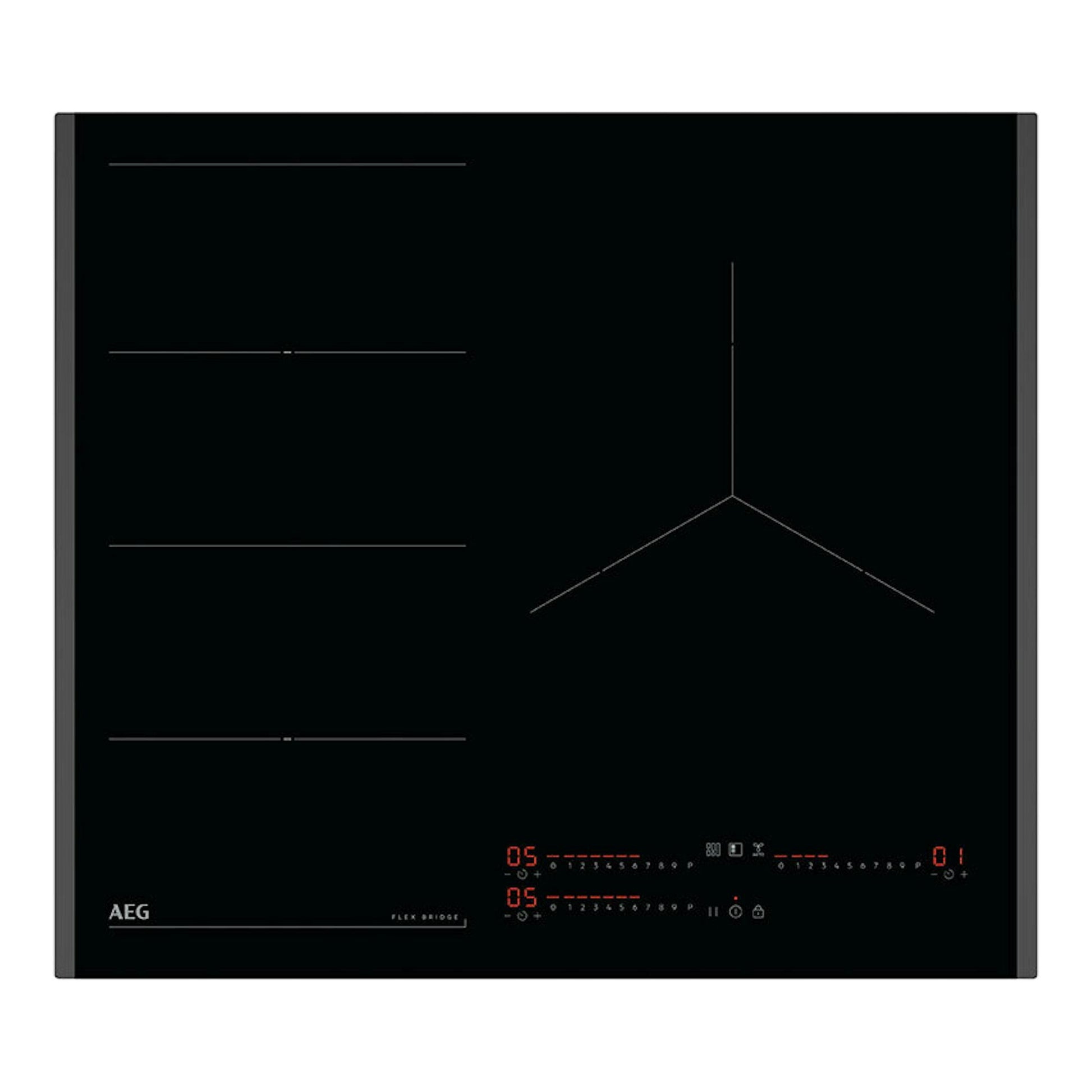 Placa de inducción AEG TI63IF0BFB negra, vista superior, con mandos táctiles y 4 zonas de cocción.