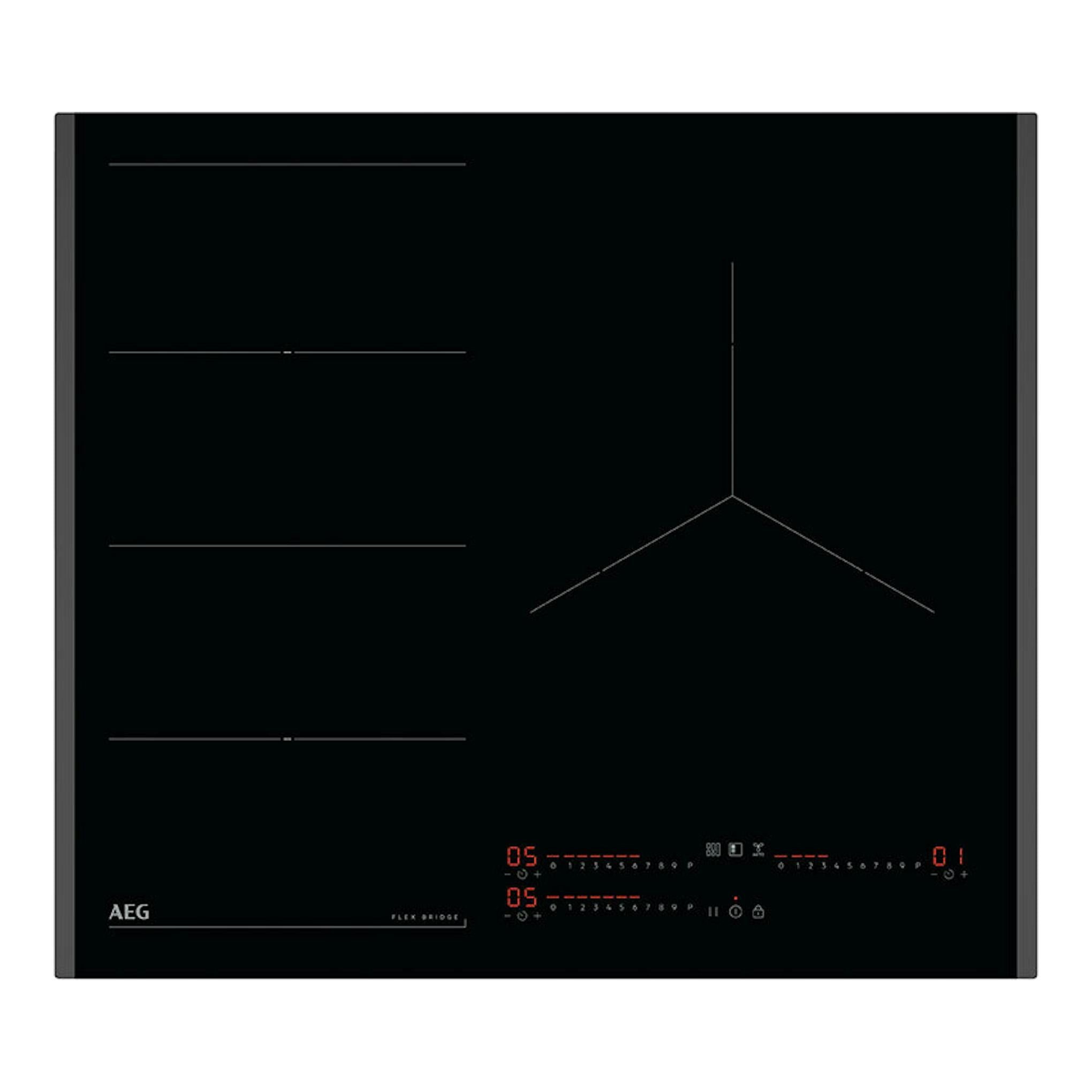 Placa de inducción AEG TI63IF0BFB negra, vista superior, con mandos táctiles y 4 zonas de cocción.