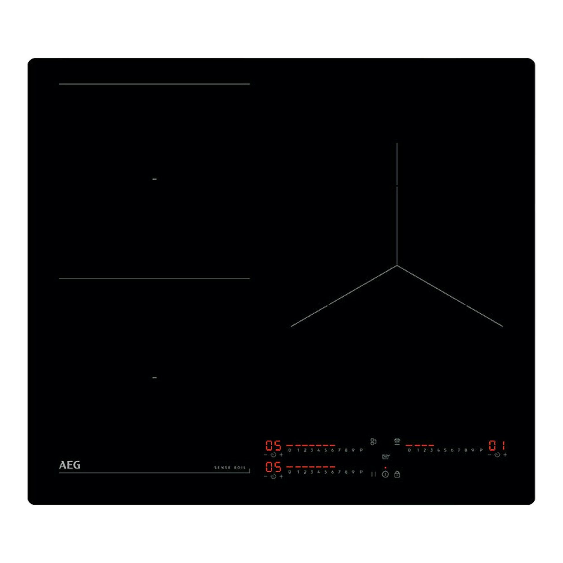 Placa de inducción AEG TI63IQ10IB negra, vista frontal, con panel táctil y zonas de cocción marcadas.