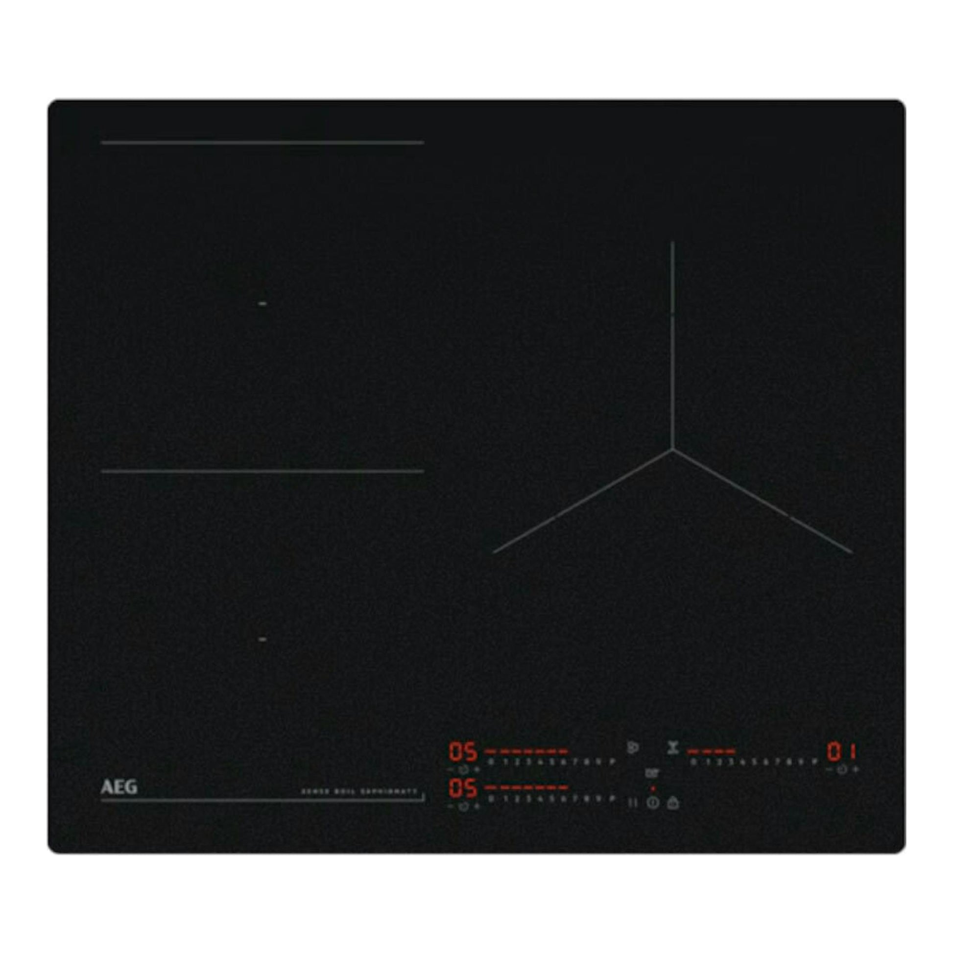 Placa de inducción AEG TI63IQ10IZ negra, vista frontal, con controles táctiles iluminados.