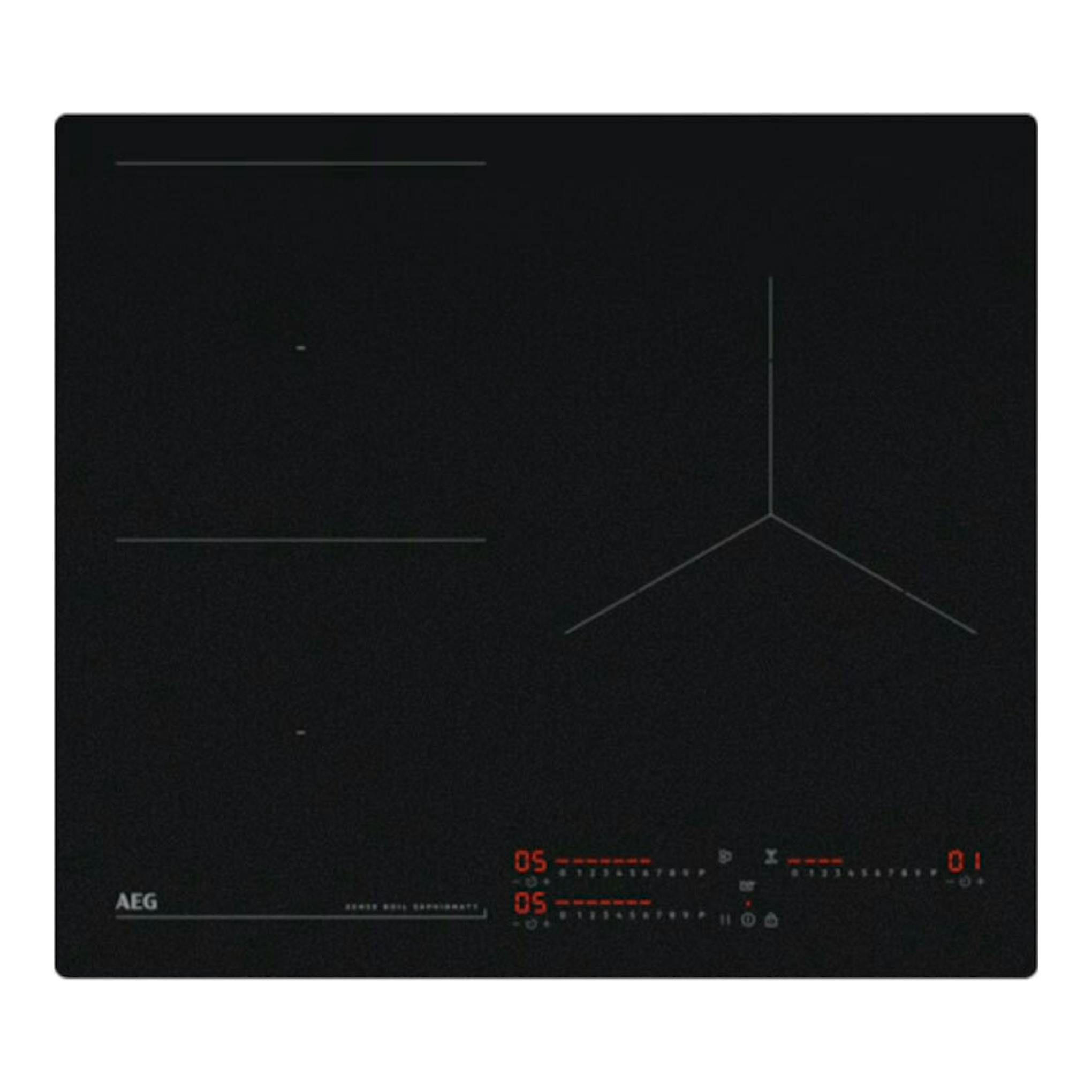 Placa de inducción AEG TI63IQ10IZ negra, vista frontal, con controles táctiles iluminados.