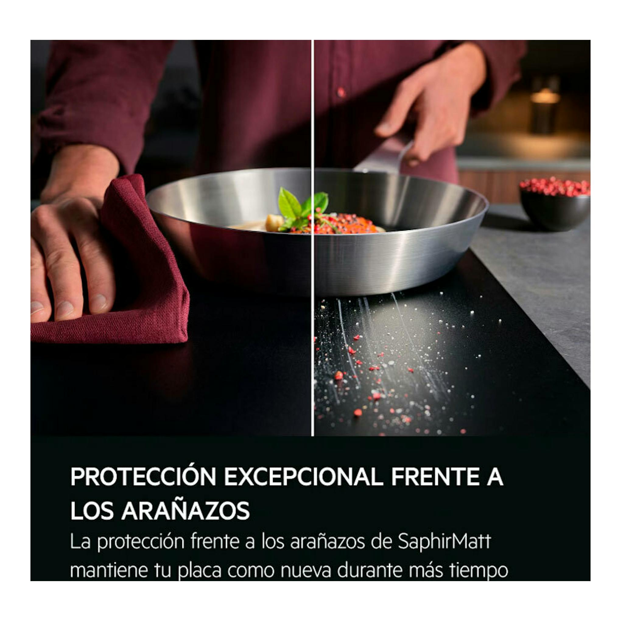 Placa de inducción AEG TI63IQ10IZ negra, vista frontal con sartén y texto sobre protección frente a arañazos.