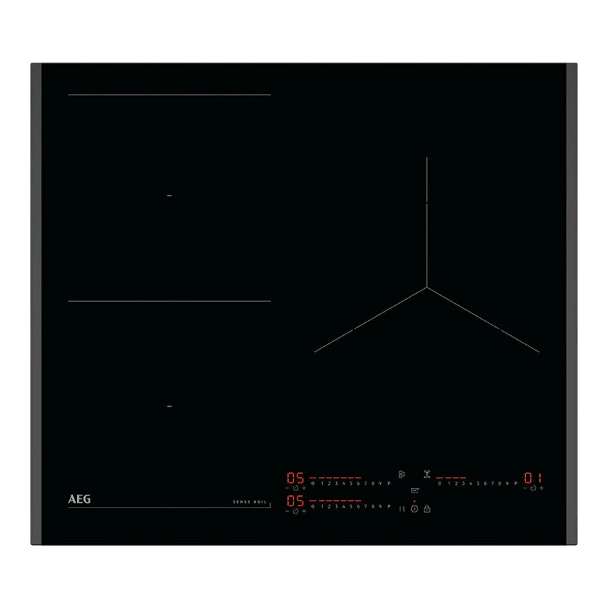 Placa de inducción AEG TI63IQ1BFB negra, vista frontal superior, con mandos táctiles iluminados.